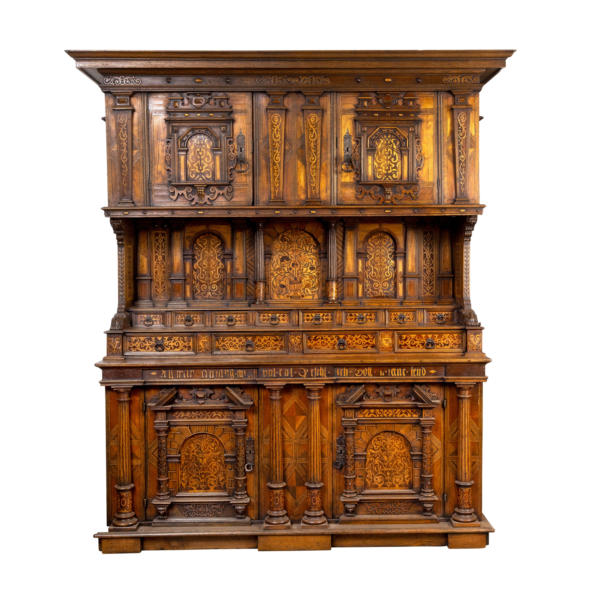 A CONTINENTAL OAK AND WALNUT MARQUETRY INLAID SIDEBOARD