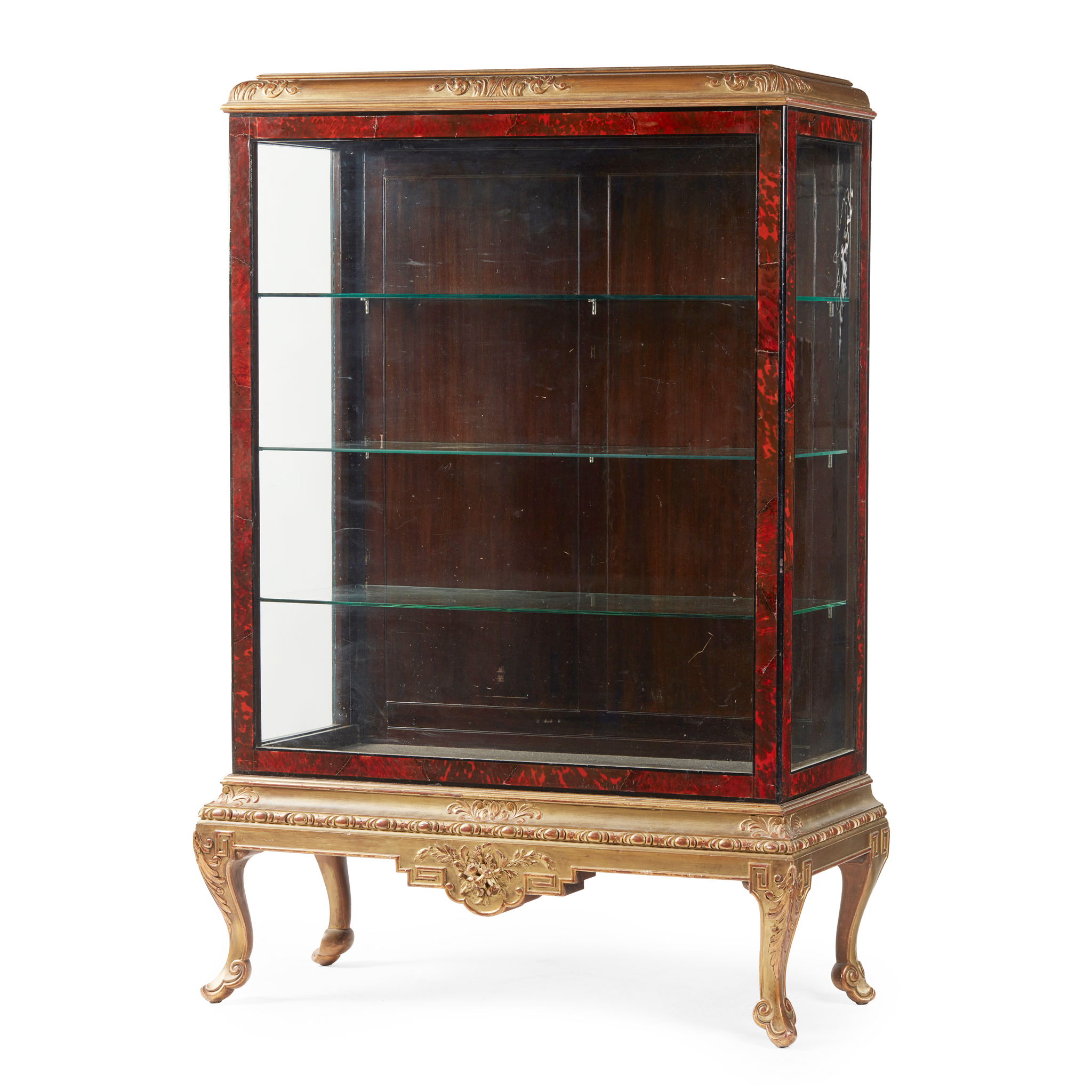 EDWARDIAN GILTWOOD, TORTOISESHELL, AND EBONISED DISPLAY CABINET-ON-STAND, BY WYLIE & LOCHHEAD, GLASGOW