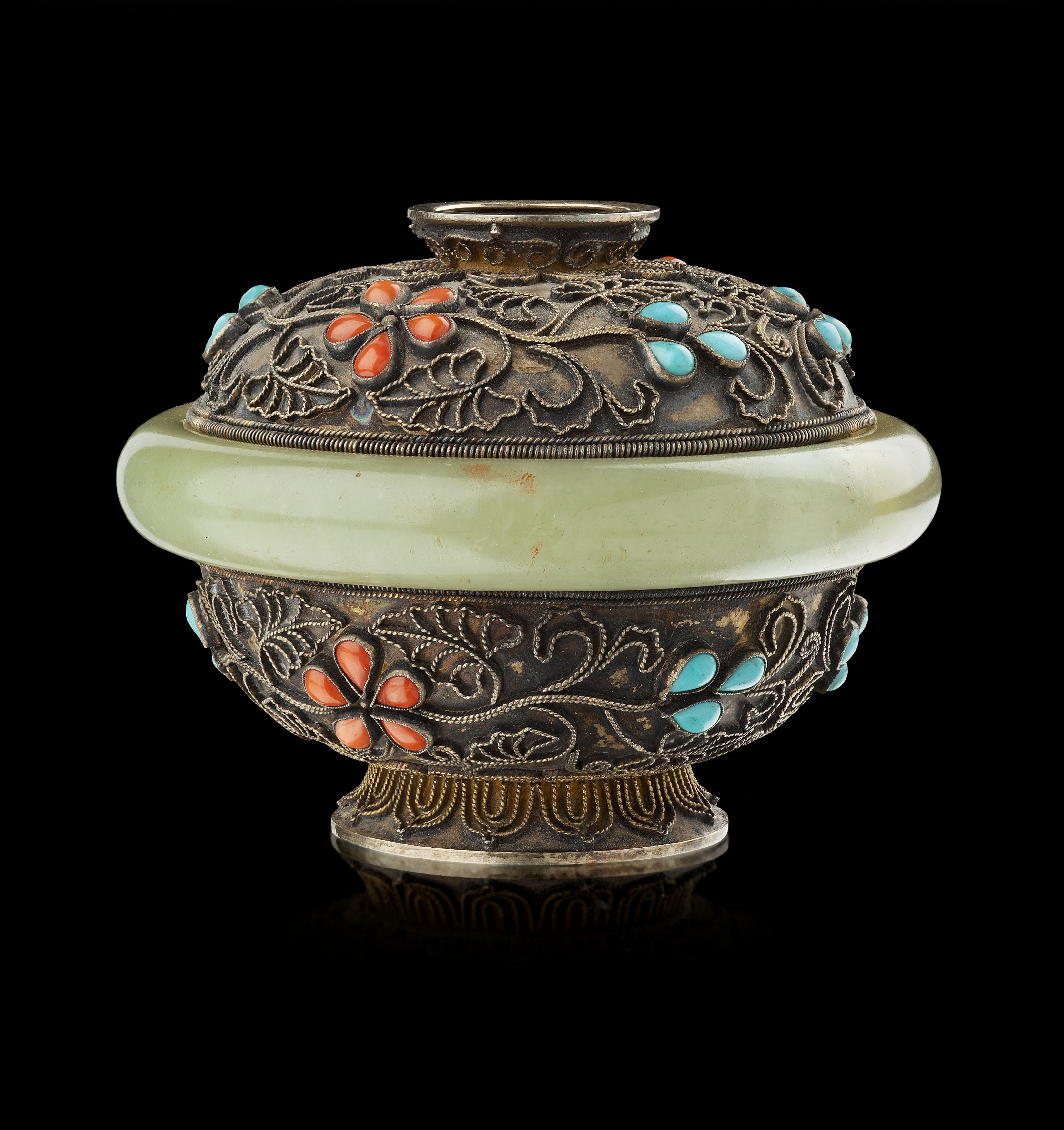 CHINESE JADE, TURQUOISE AND CORAL MOUNTED SILVER GILT CUP AND COVER