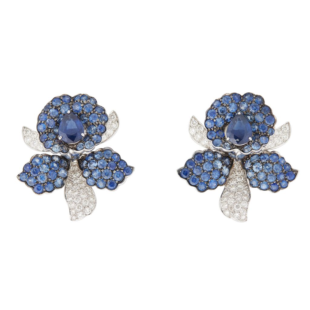 A pair of sapphire and diamond set floral earrings