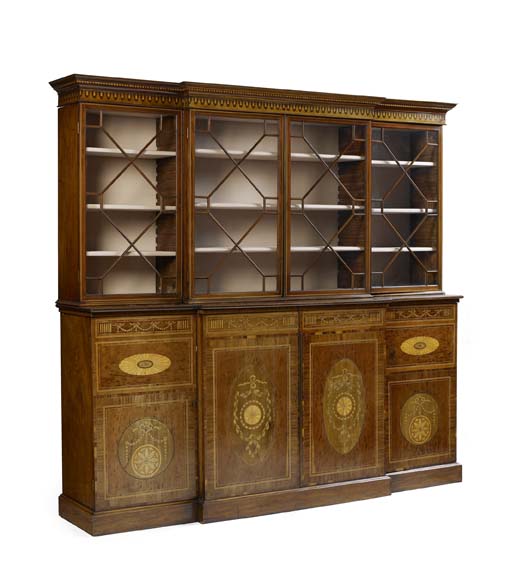A George III and later mahogany breakfront library bookcase