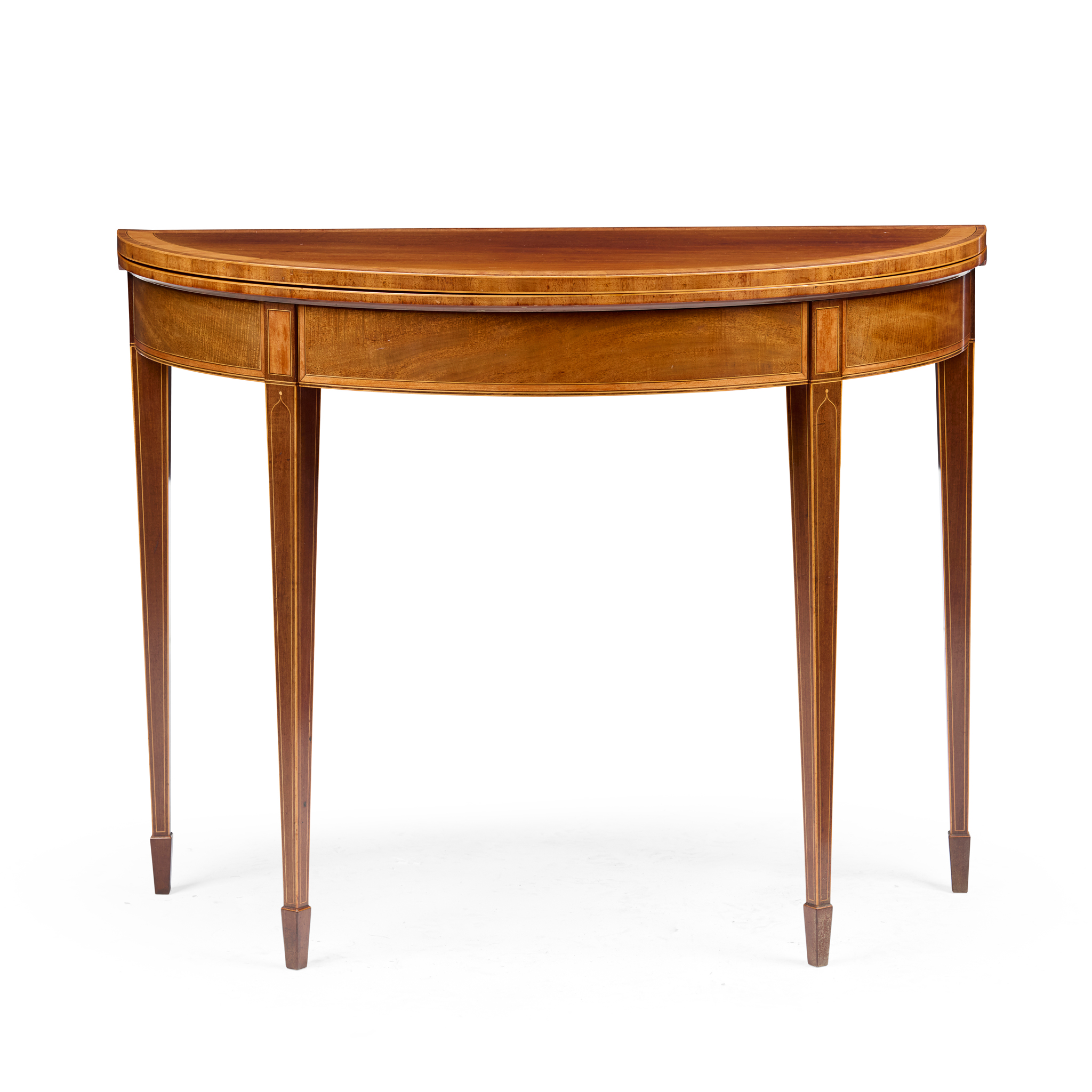 SCOTTISH GEORGE III MAHOGANY, SATINWOOD, AND HAREWOOD TEA TABLE, PROBABLY EDINBURGH