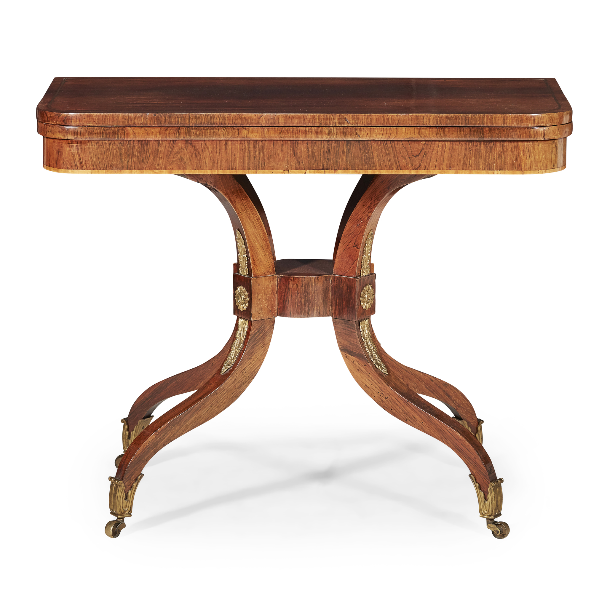 REGENCY ROSEWOOD, SATINWOOD, AND BRASS INLAID CARD TABLE