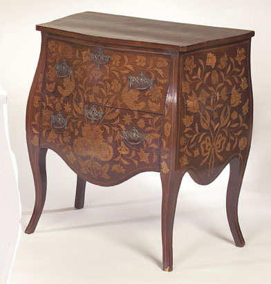 A 19th century Dutch mahogany and marquetry inlaid bombe commode,