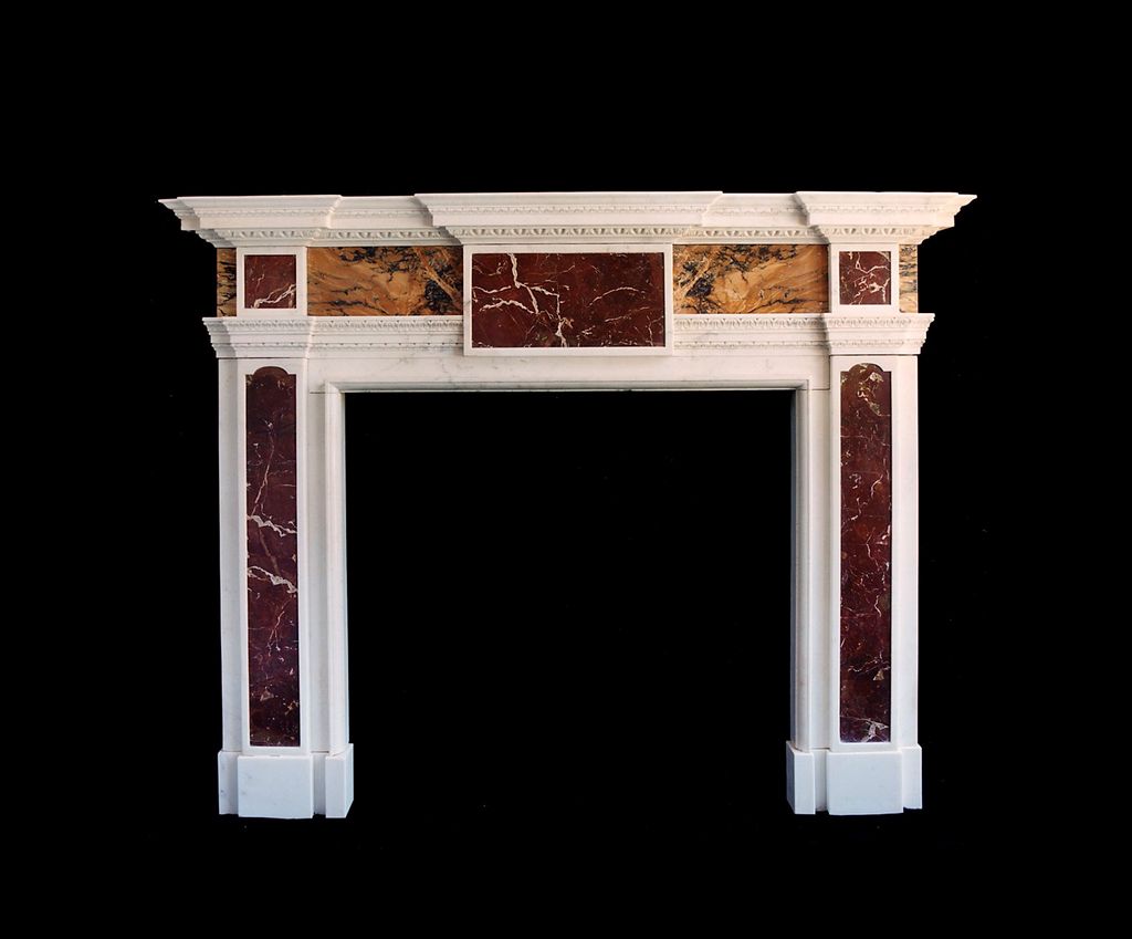 IMPORTANT GEORGE III WHITE STATUARY, SIENNA MARBLE AND JASPER CHIMNEYPIECE, ATTRIBUTED TO FRANCIS HARWOOD