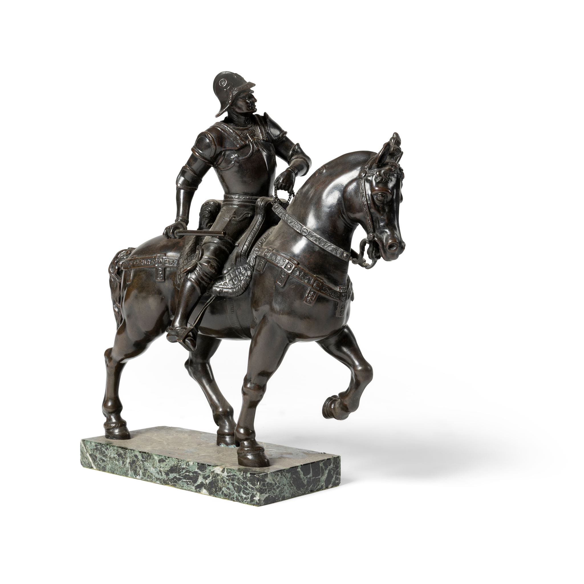 A BRONZE EQUESTRAIN FIGURE GROUP OF BARTOLOMEO COLLONI, AFTER ANDREA DEL VERROCCHIO (ITALIAN 1435-1488)