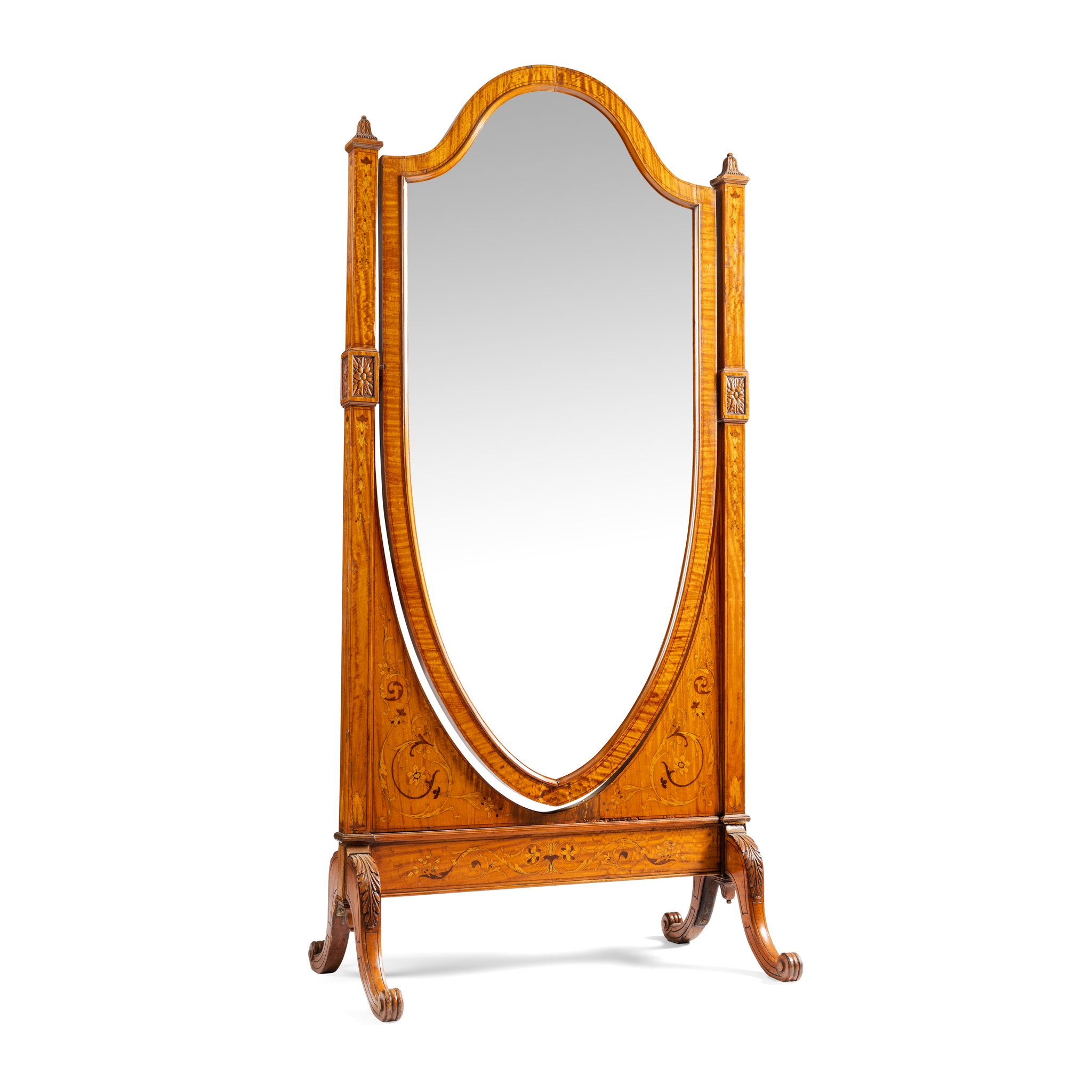 AN EDWARDIAN SATINWOOD AND MARQUETRY INLAID CHEVAL DRESSING MIRROR