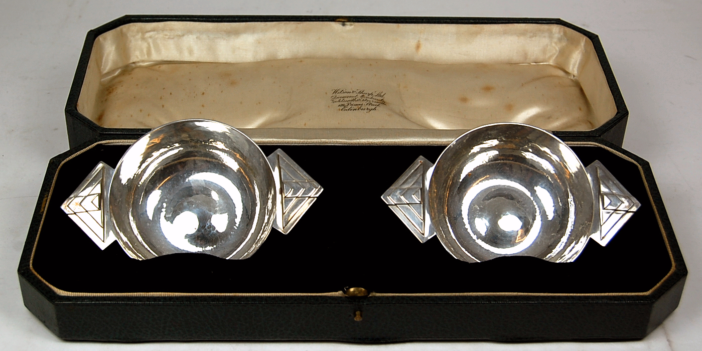 A cased pair of Art Deco quaichs