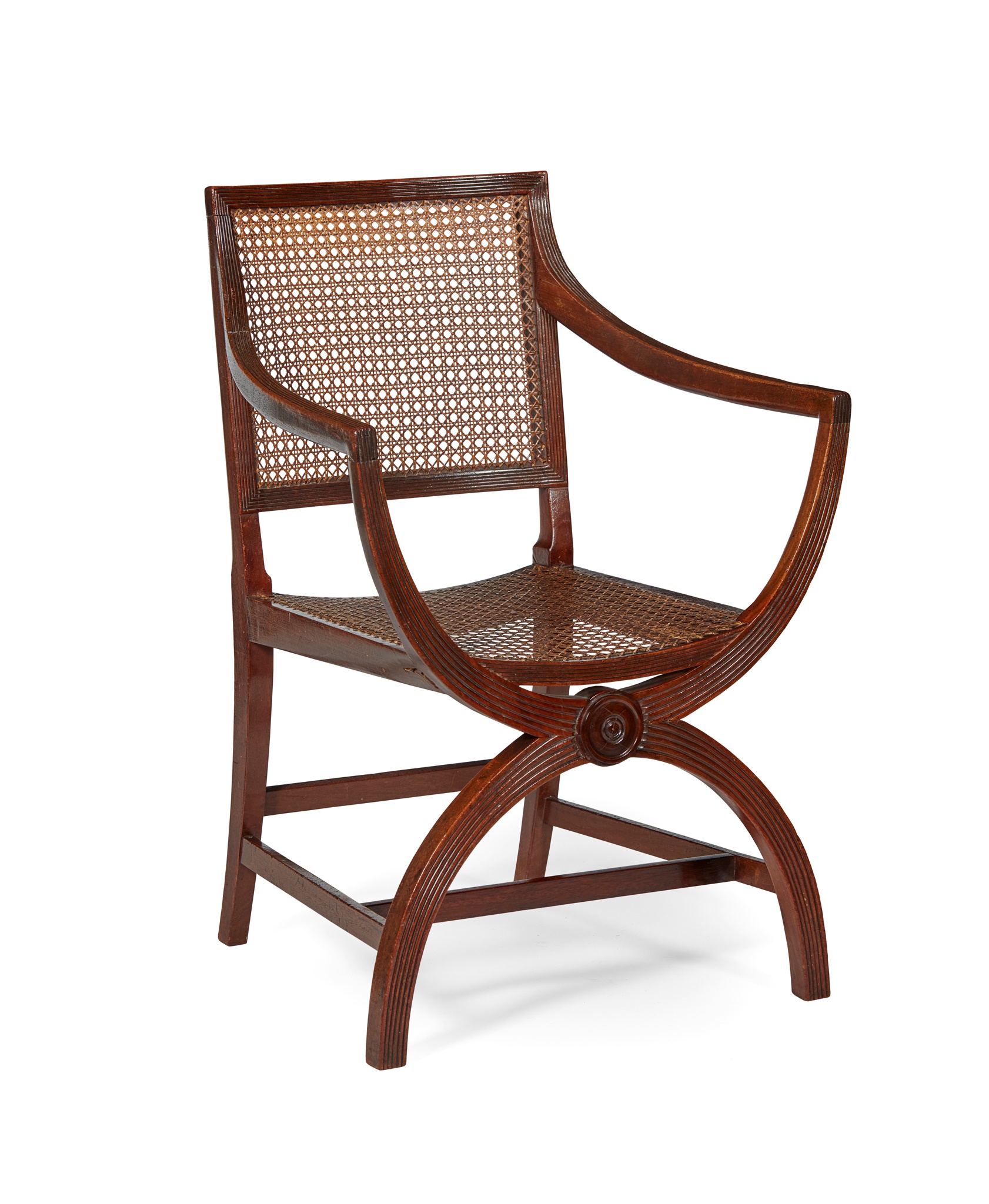 REGENCY MAHOGANY CANED X-FORM ARMCHAIR