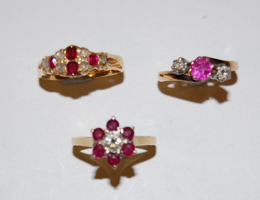 Three gold mounted ruby and diamond set rings,