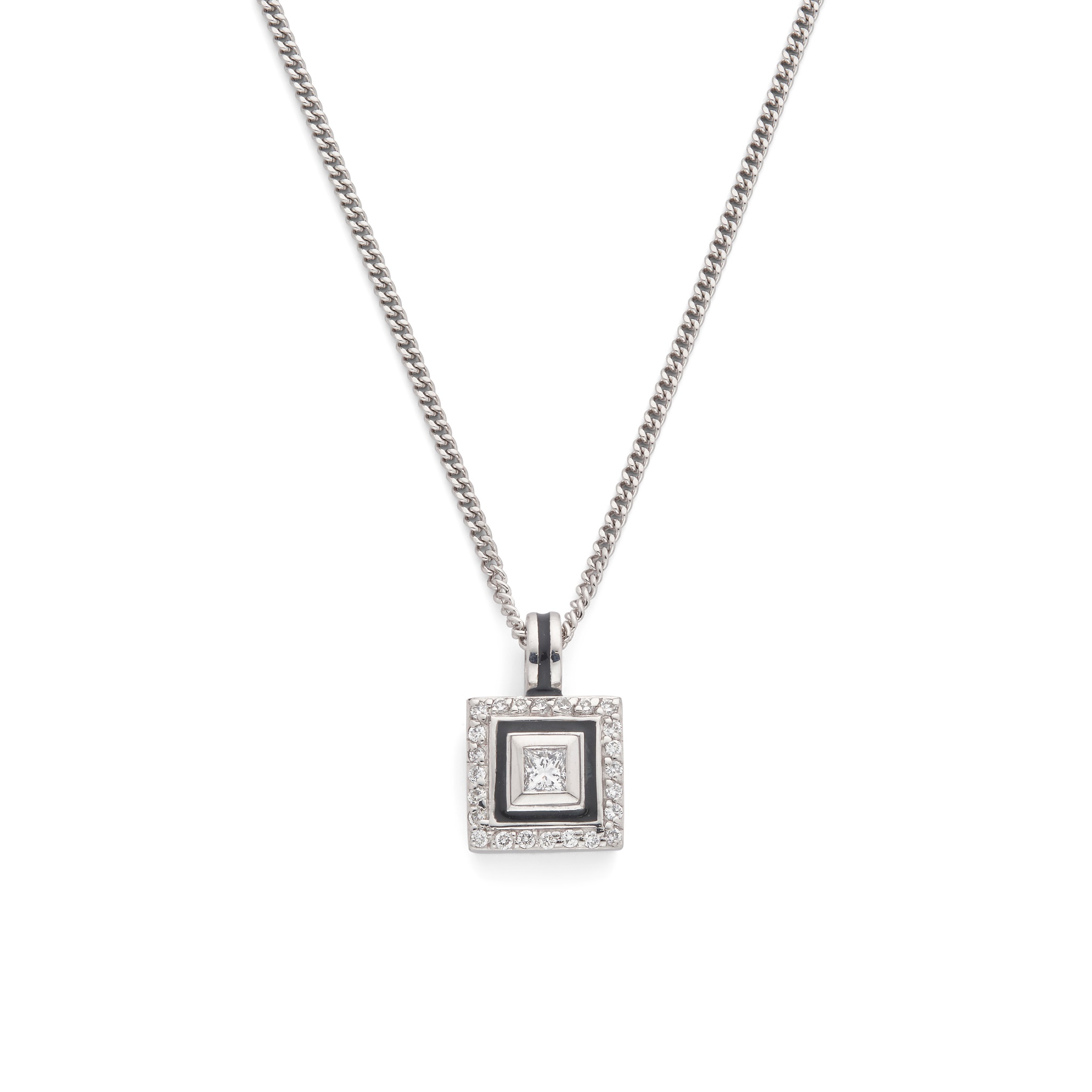An 18ct white gold diamond and enamel pendant necklace