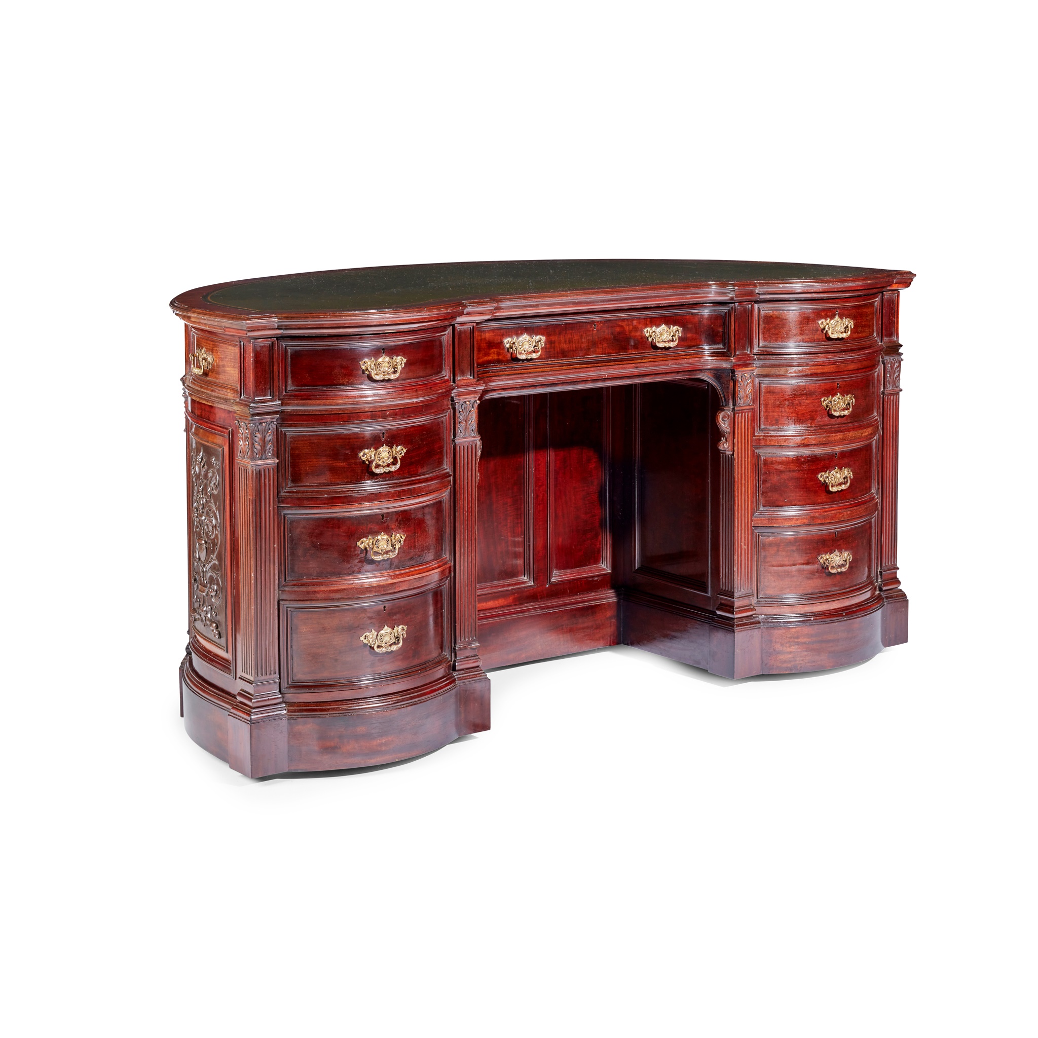 FINE CHIPPENDALE STYLE MAHOGANY KIDNEY-SHAPED KNEEHOLE DESK, HAMPTON & SONS
