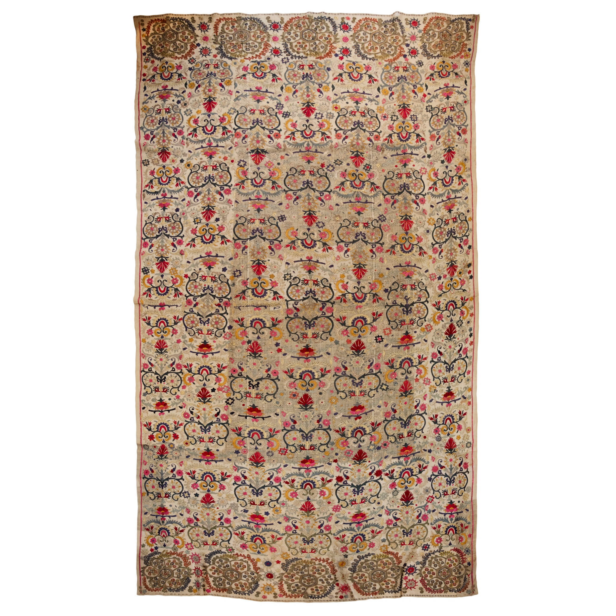 A LARGE GREEK ISLANDS EMBROIDERED LINEN COVER