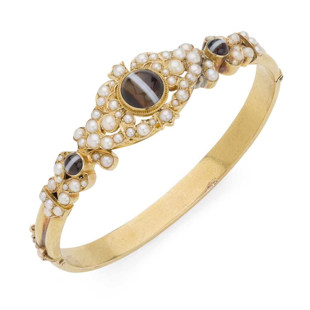 A Victorian pearl and banded agate set bangle
