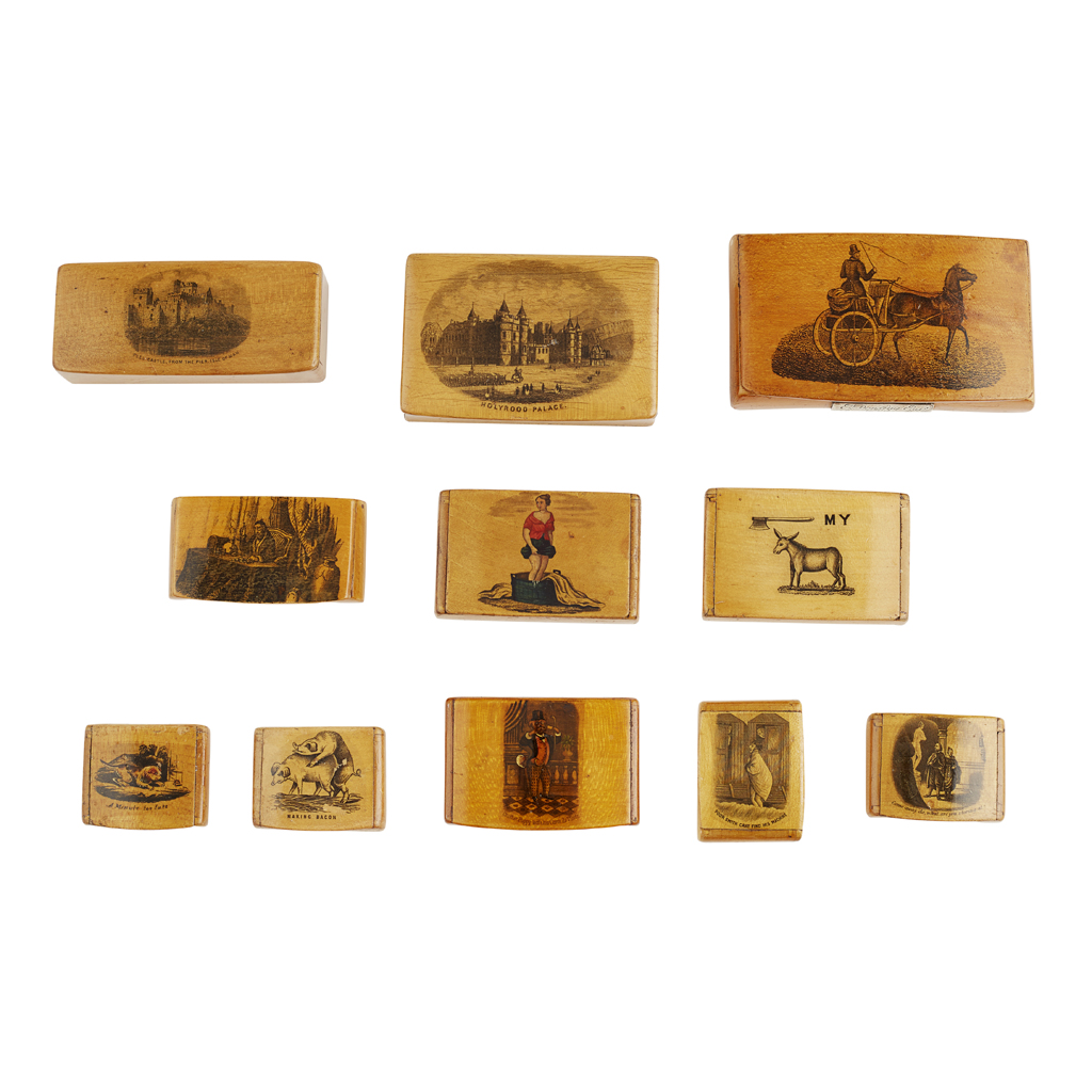 A GROUP OF MAUCHLINE WARE SNUFF BOXES