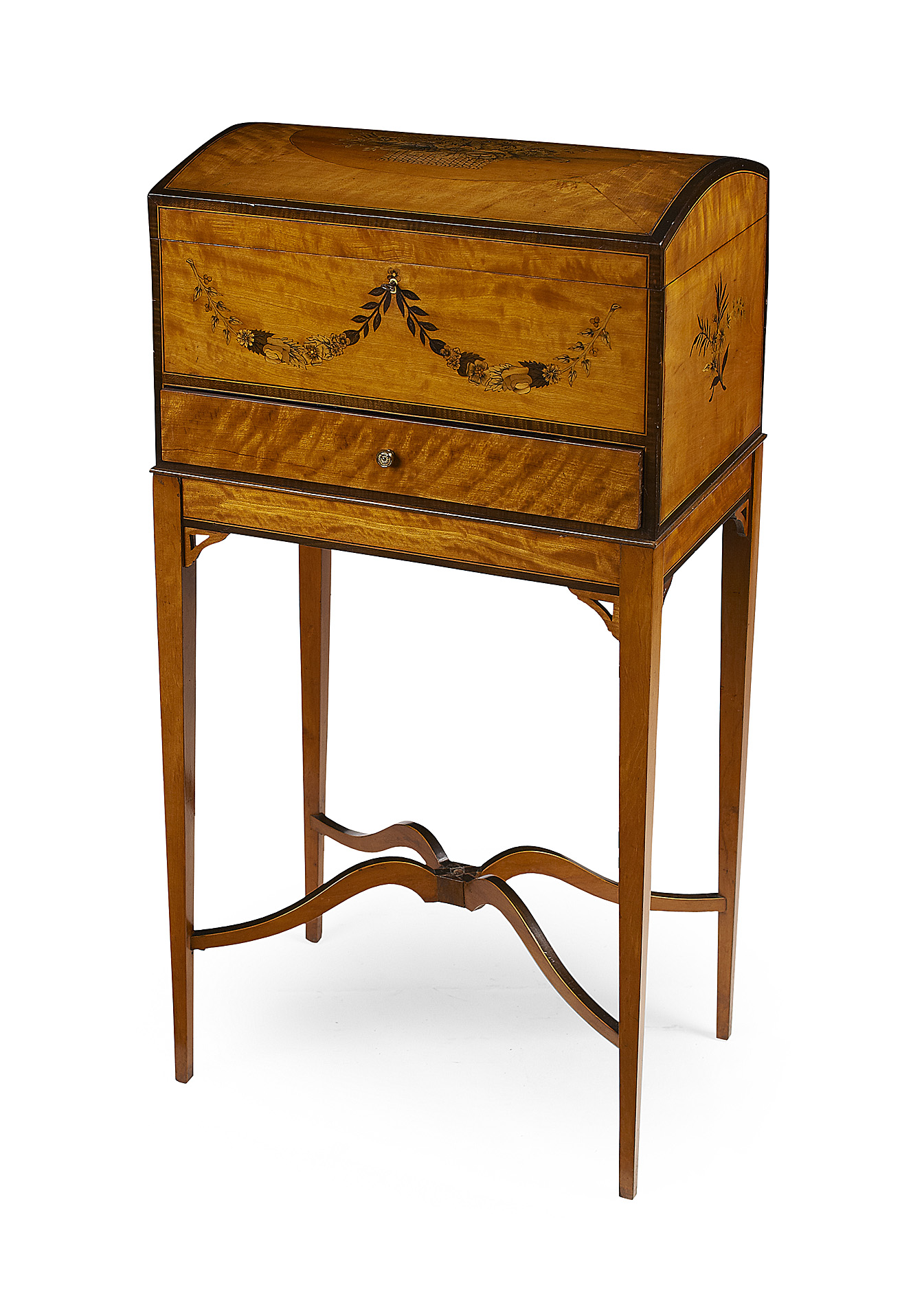 VICTORIAN SATINWOOD AND MARQUETRY INLAID DOMED WORK BOX ON STAND