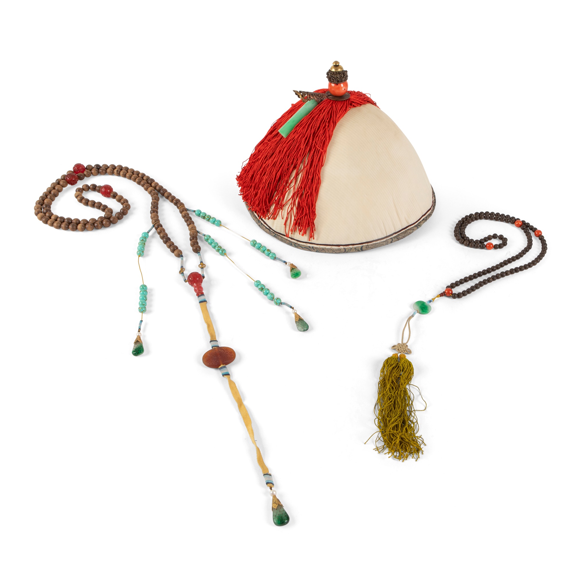 CHINESE COURT OFFICIAL HAT, WITH AGARWOOD AND MULTI-GEMSTONE COURT NECKLACE AND ROSARY