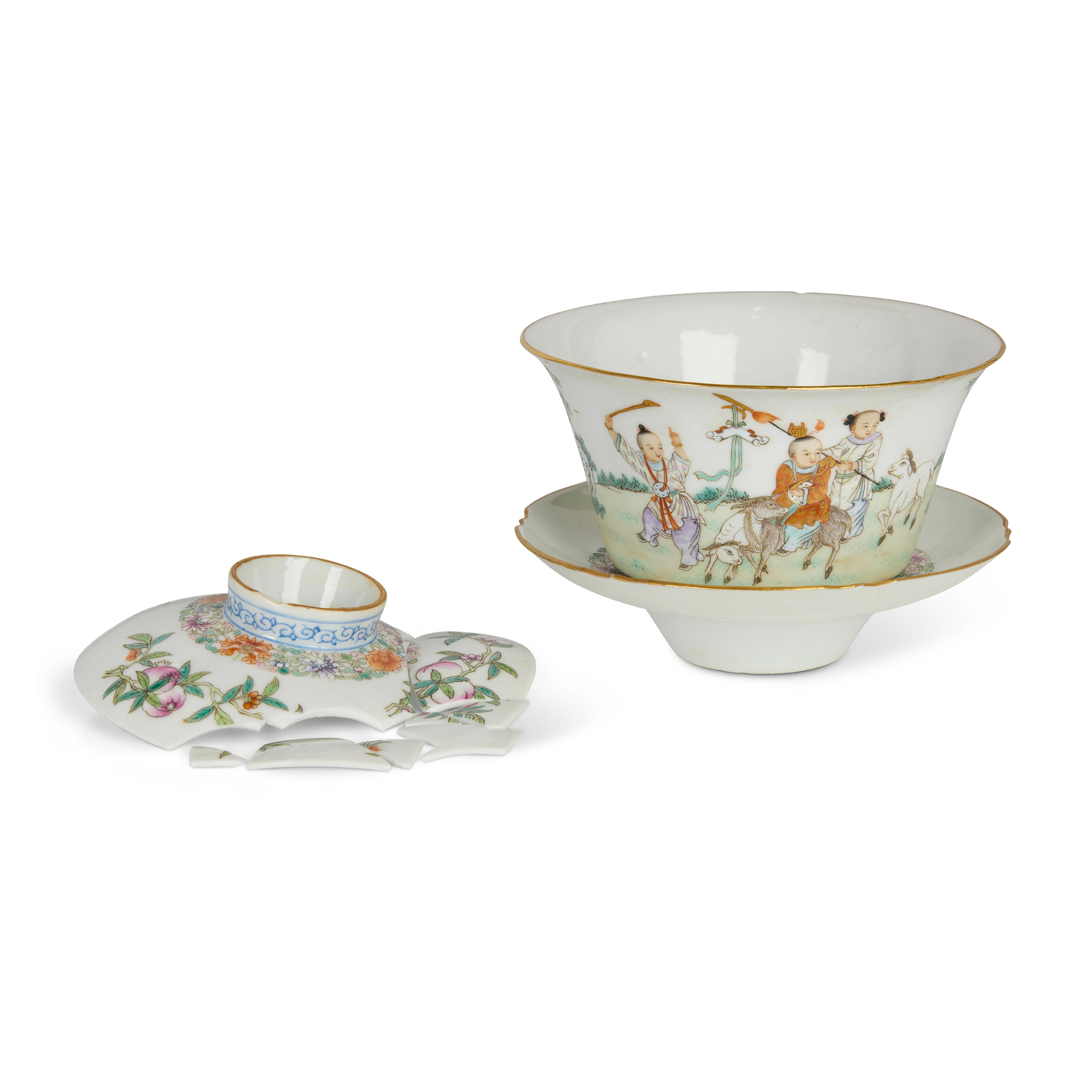 SET OF CHINESE FAMILLE ROSE 'BOYS AT PLAY' TEA BOWL WITH COVER AND SAUCER