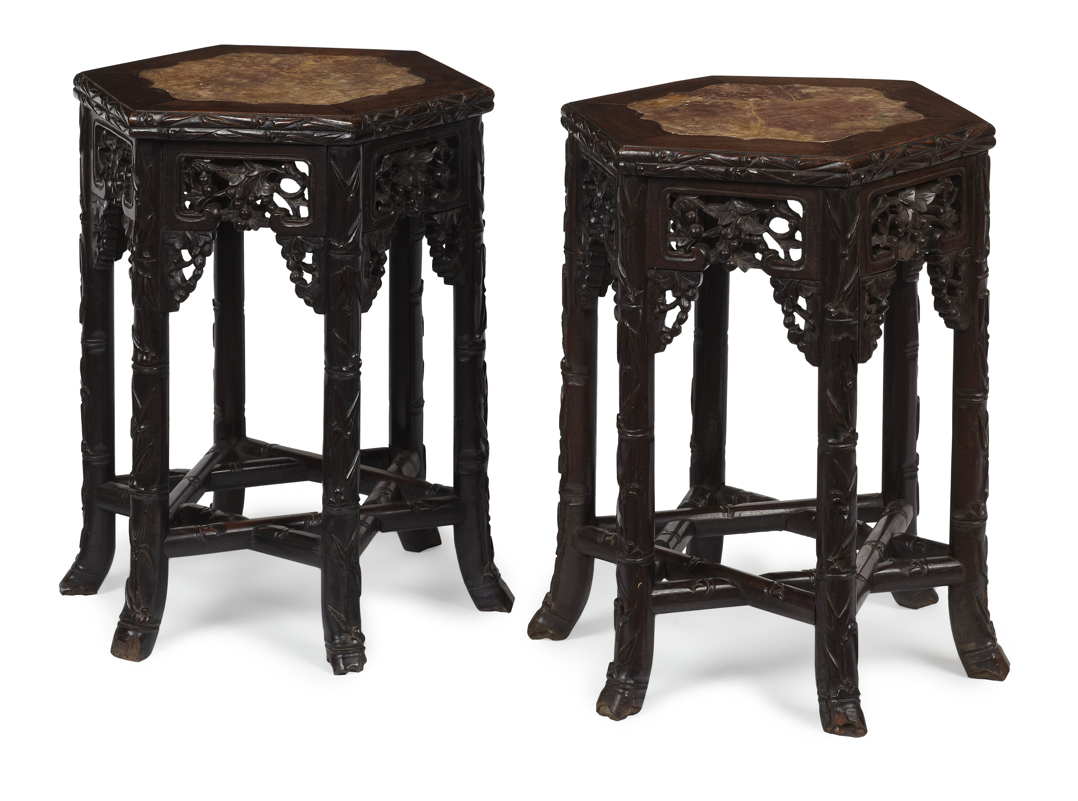 PAIR OF CHINESE CARVED HONGMU HEXAGONAL MARBLE TOP TABLES
