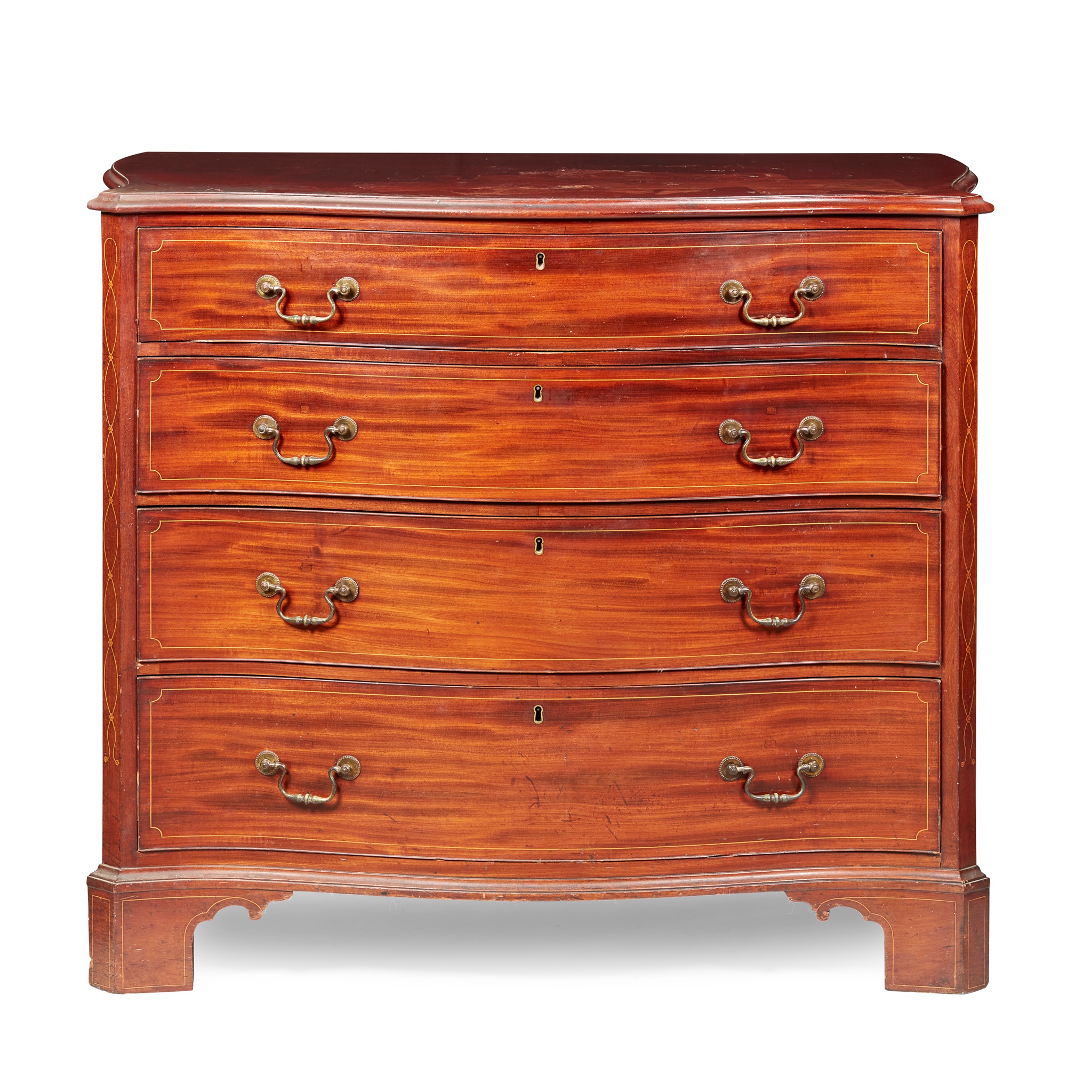 LATE GEORGE III MAHOGANY LINE INLAID SERPENTINE CHEST OF DRAWERS