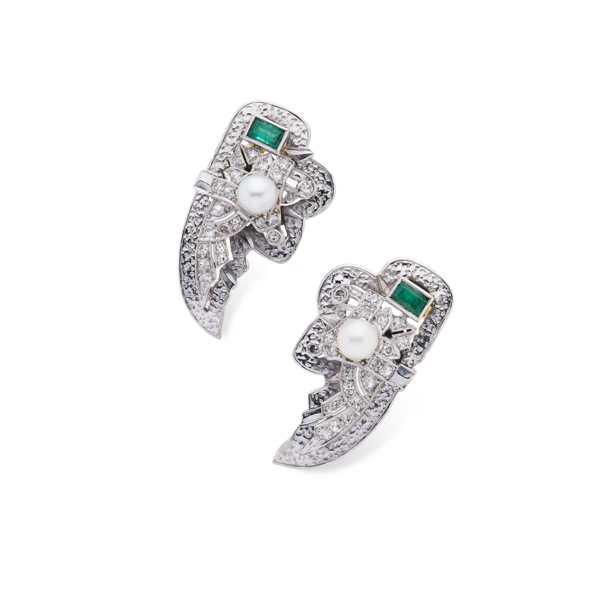 A pair of emerald, pearl and diamond earrings