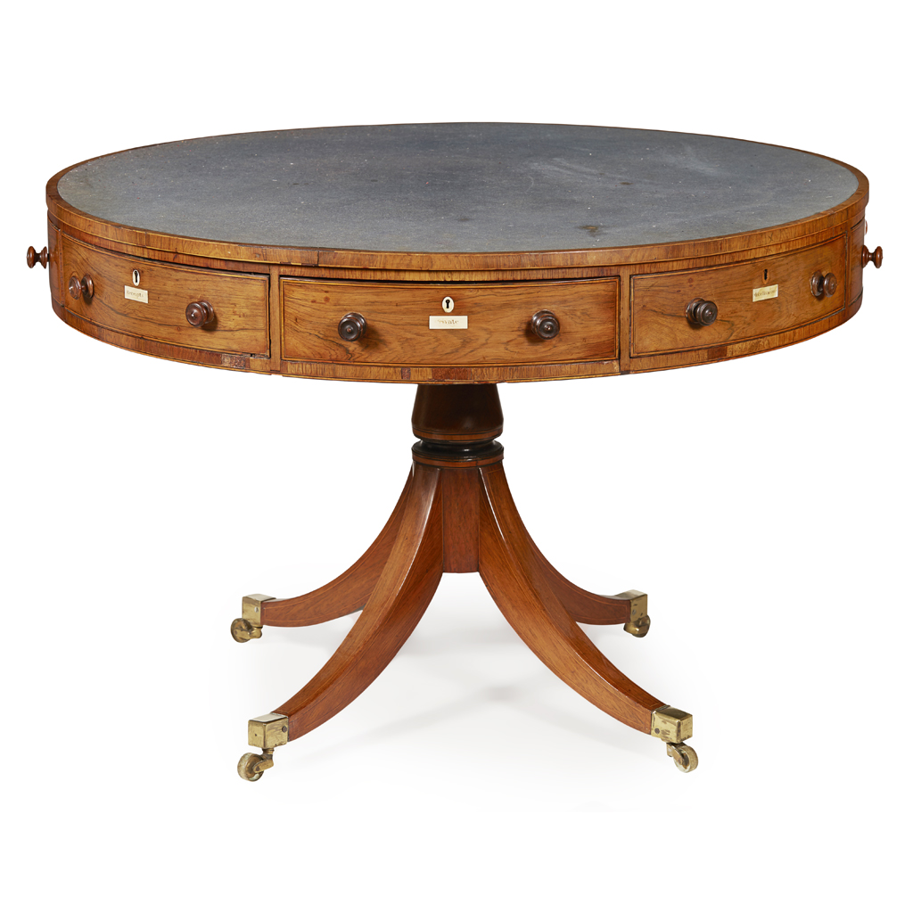 LATE GEORGE III ROSEWOOD DRUM LIBRARY OR 'RENT' TABLE