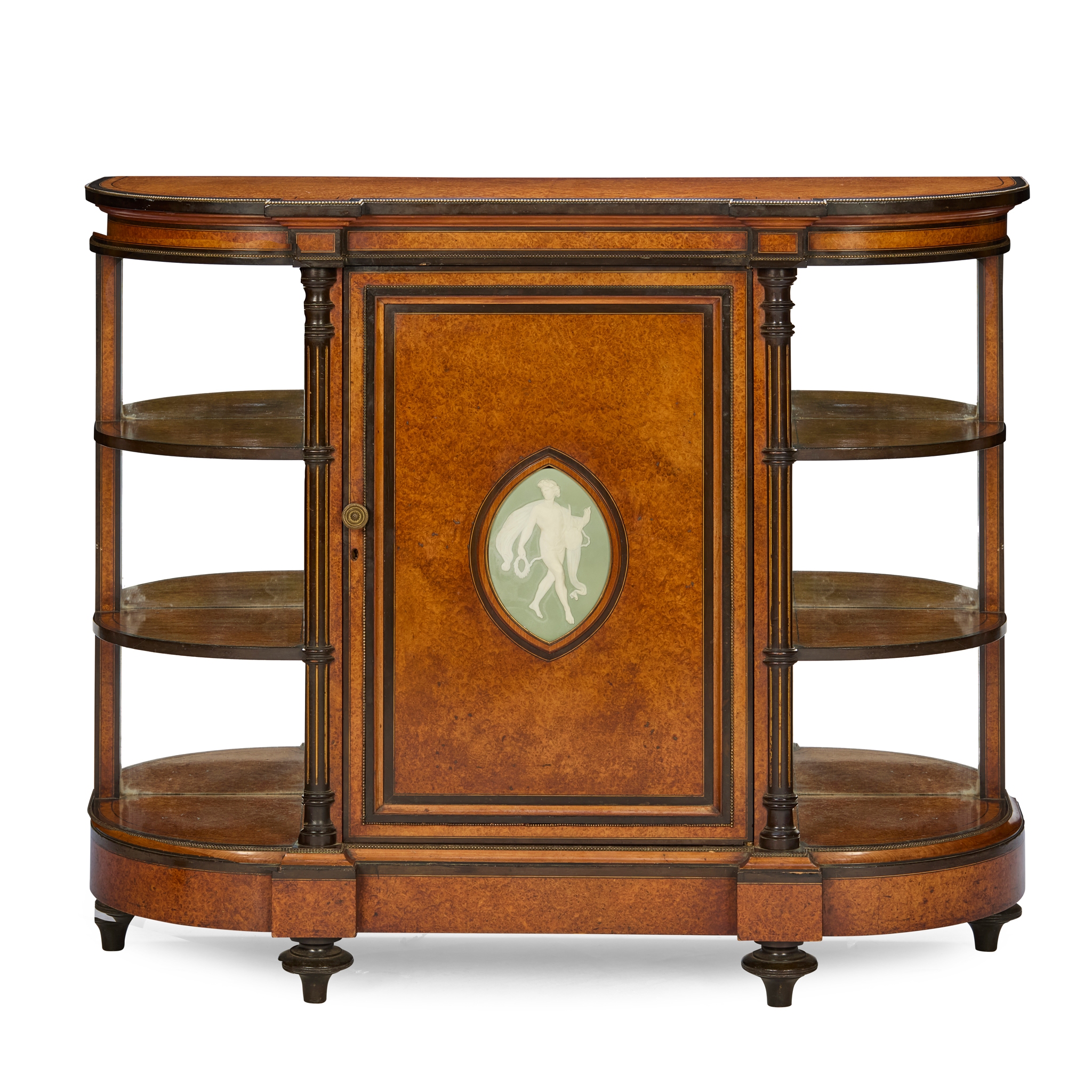 VICTORIAN AMBOYNA AND EBONY JAPSERWARE MOUNTED CREDENZA, BY GILLOW & CO.