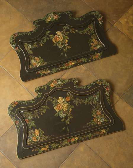 A pair of Victorian painted wood and mother-of-pearl single bedheads