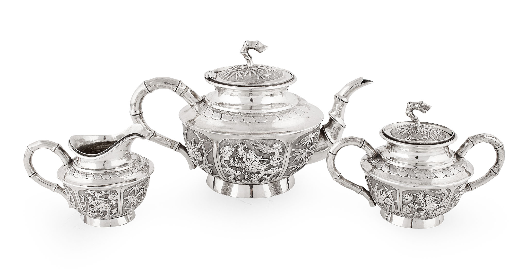 CHINESE EXPORT SILVER THREE PIECE TEA SERVICE
