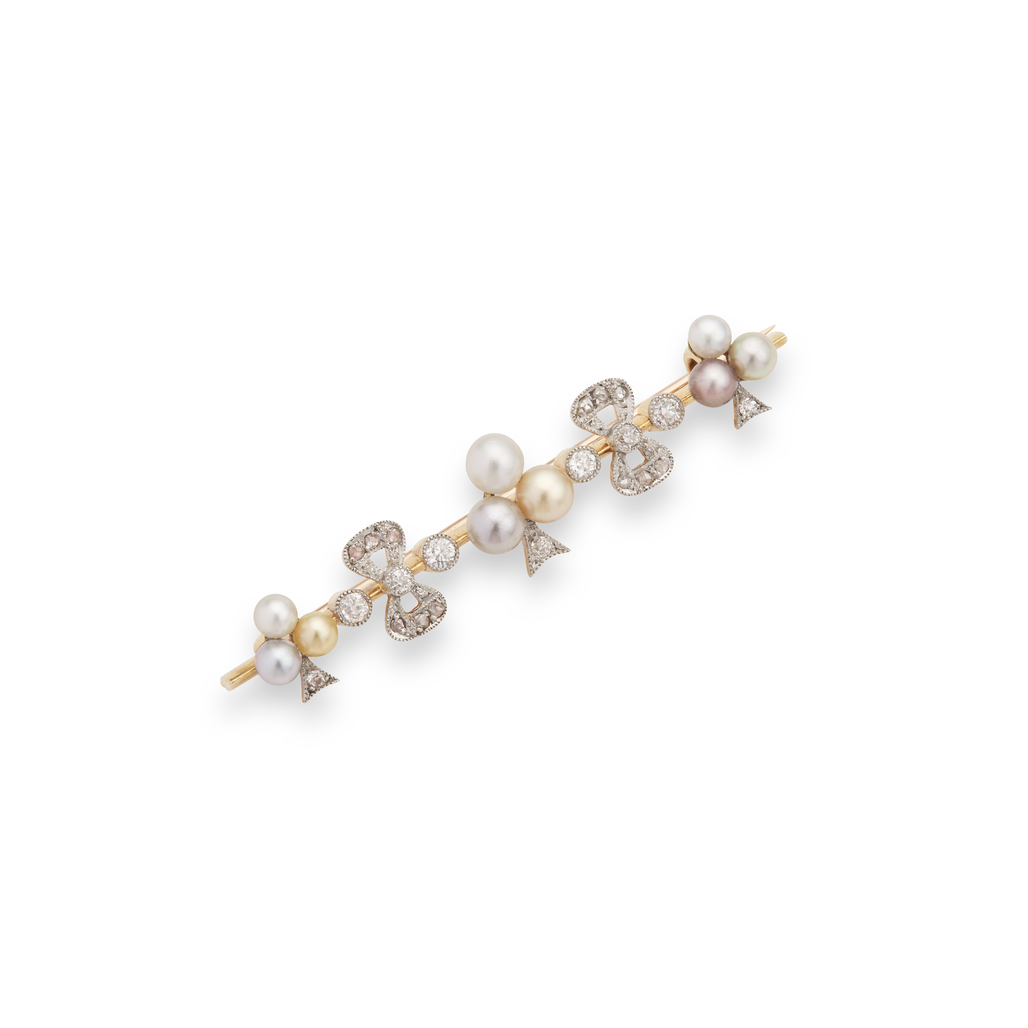 An early 20th century pearl and diamond bar brooch
