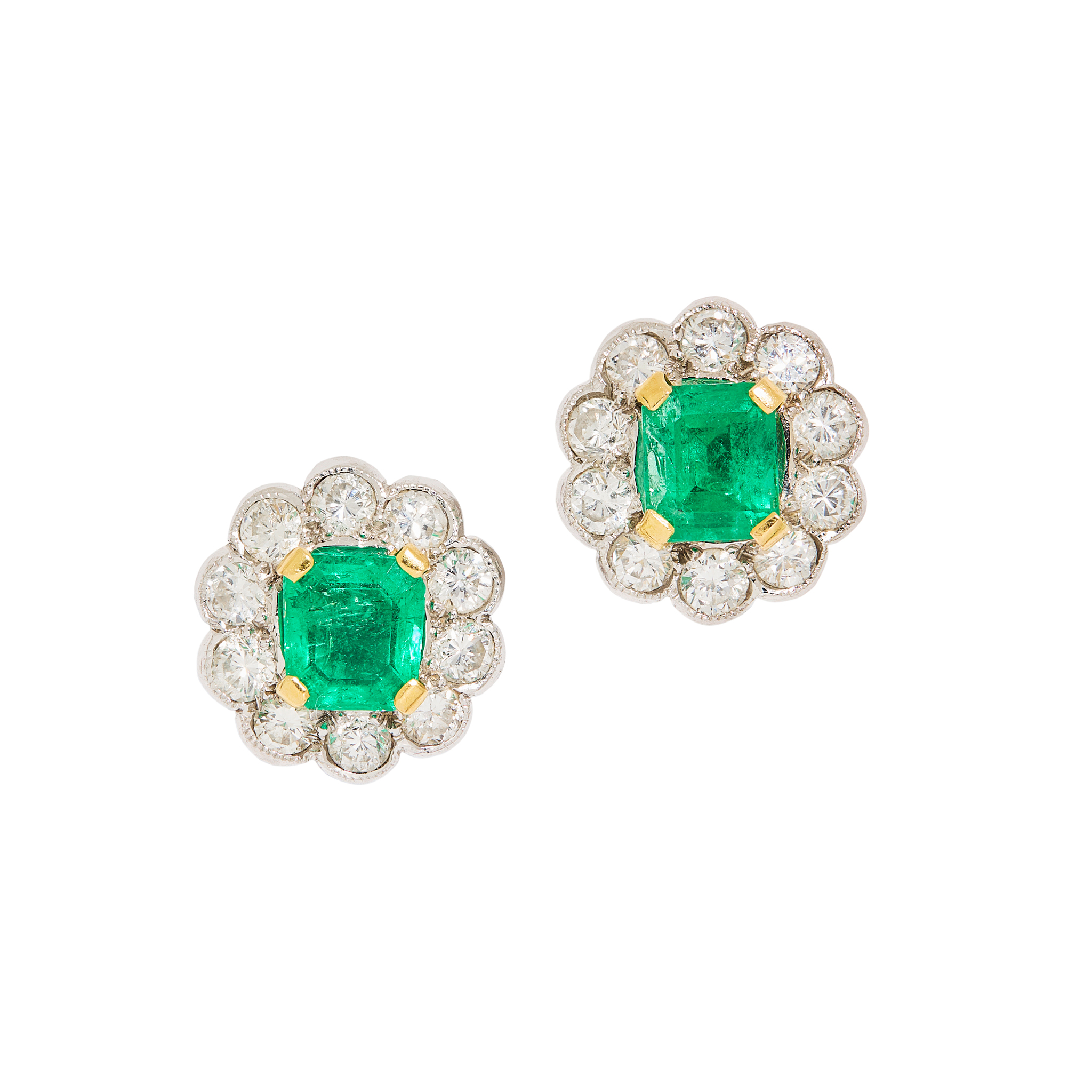 A pair of 18ct gold emerald and diamond cluster earrings