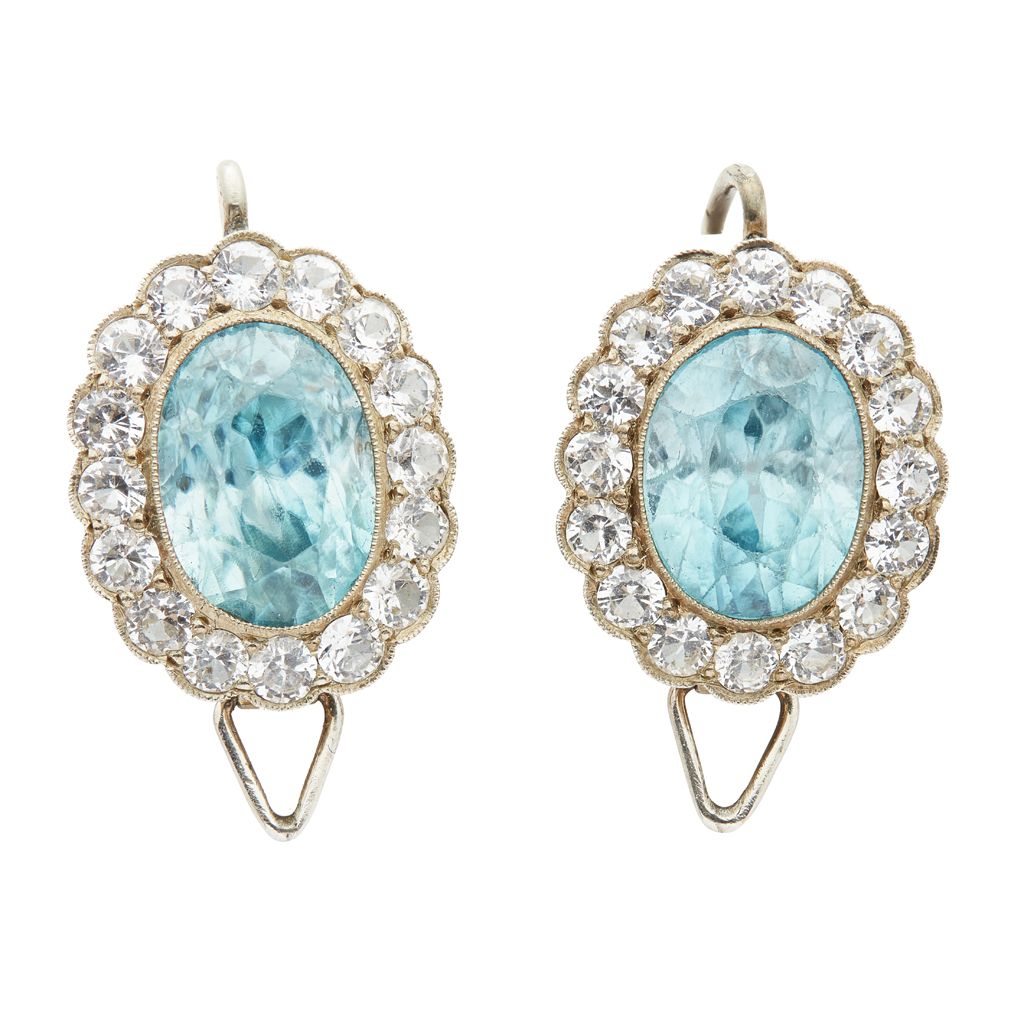 A pair of blue and colourless zircon cluster earrings