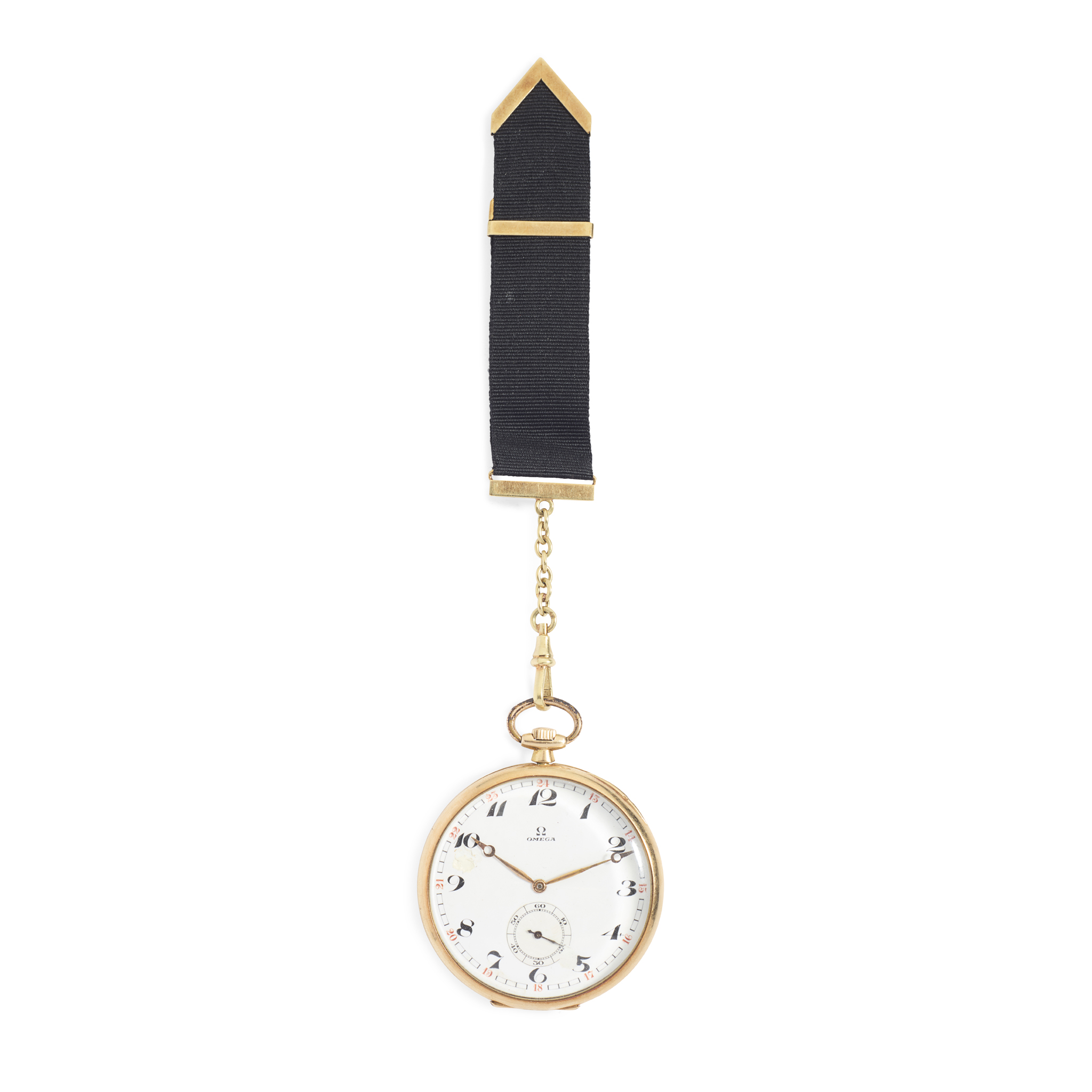 Omega. A 14k gold open face pocket watch with ribbon fob