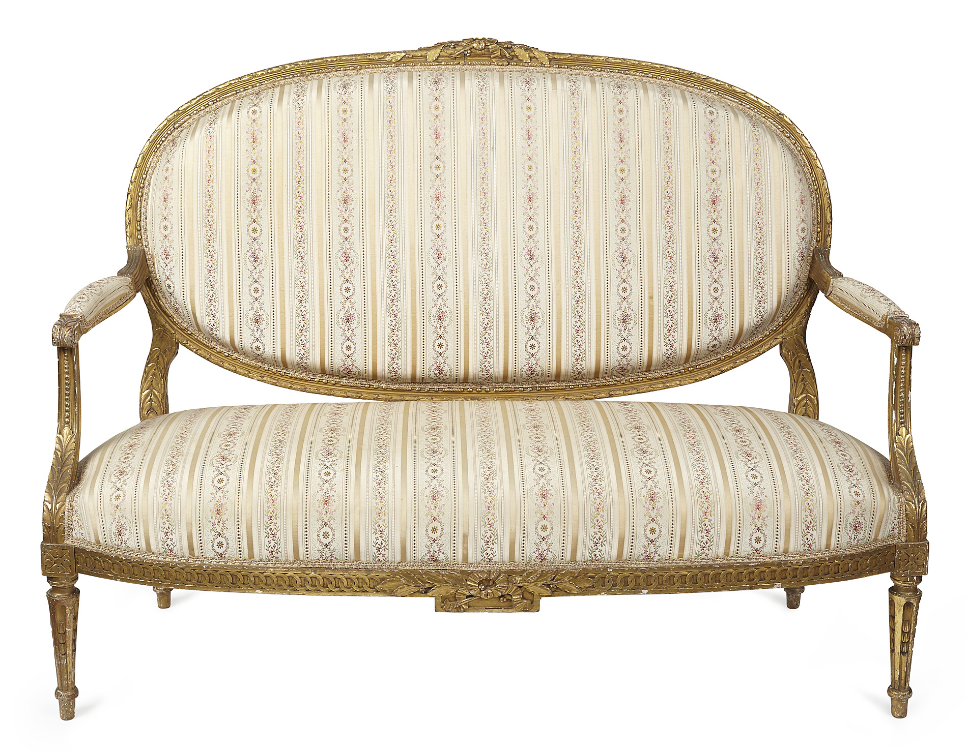 LOUIS XV STYLE GILTWOOD AND UPHOLSTERED SETTEE