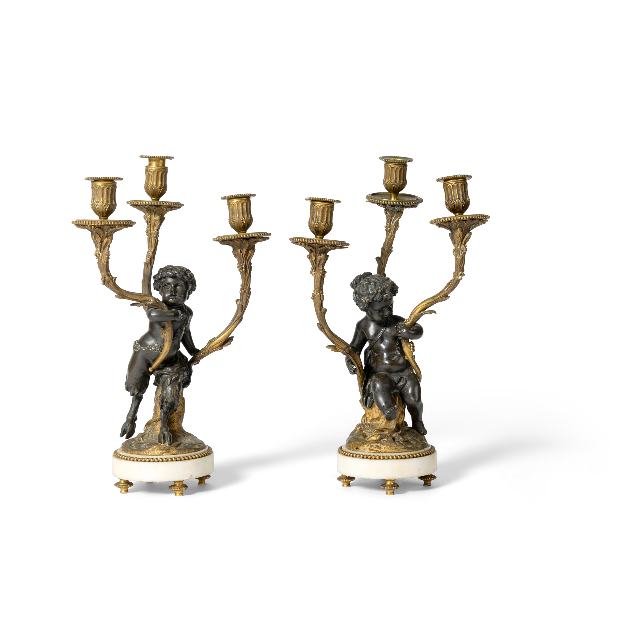 A PAIR OF FRENCH BRONZE AND GILT METAL AND MARBLE MOUNTED THREE BRANCH CANDELABRA
