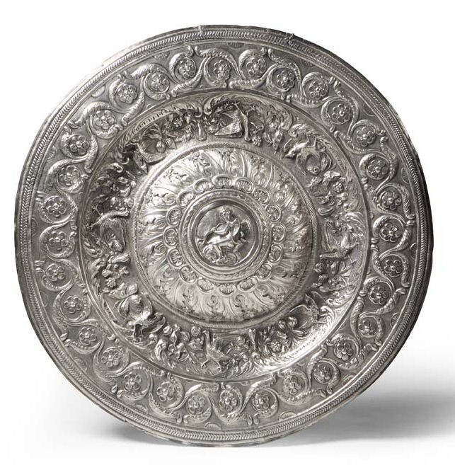 A large circular chased silver dish Probably German, in the 18th century style