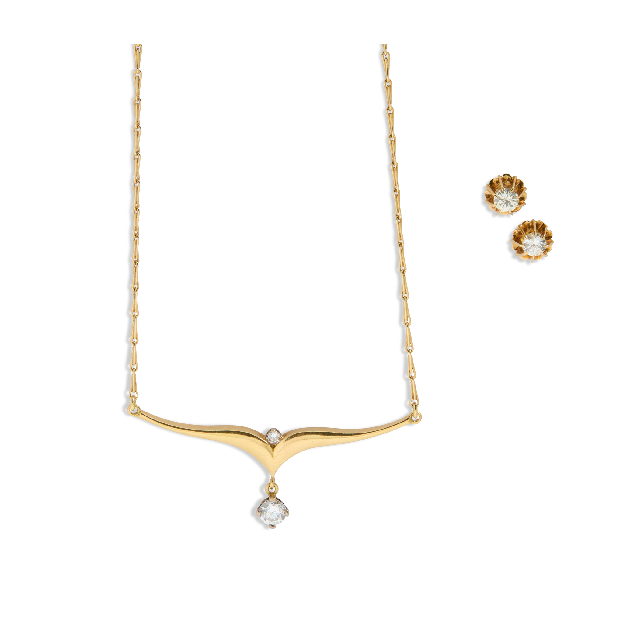 A pair of 18ct gold diamond stud earrings and pendant necklace