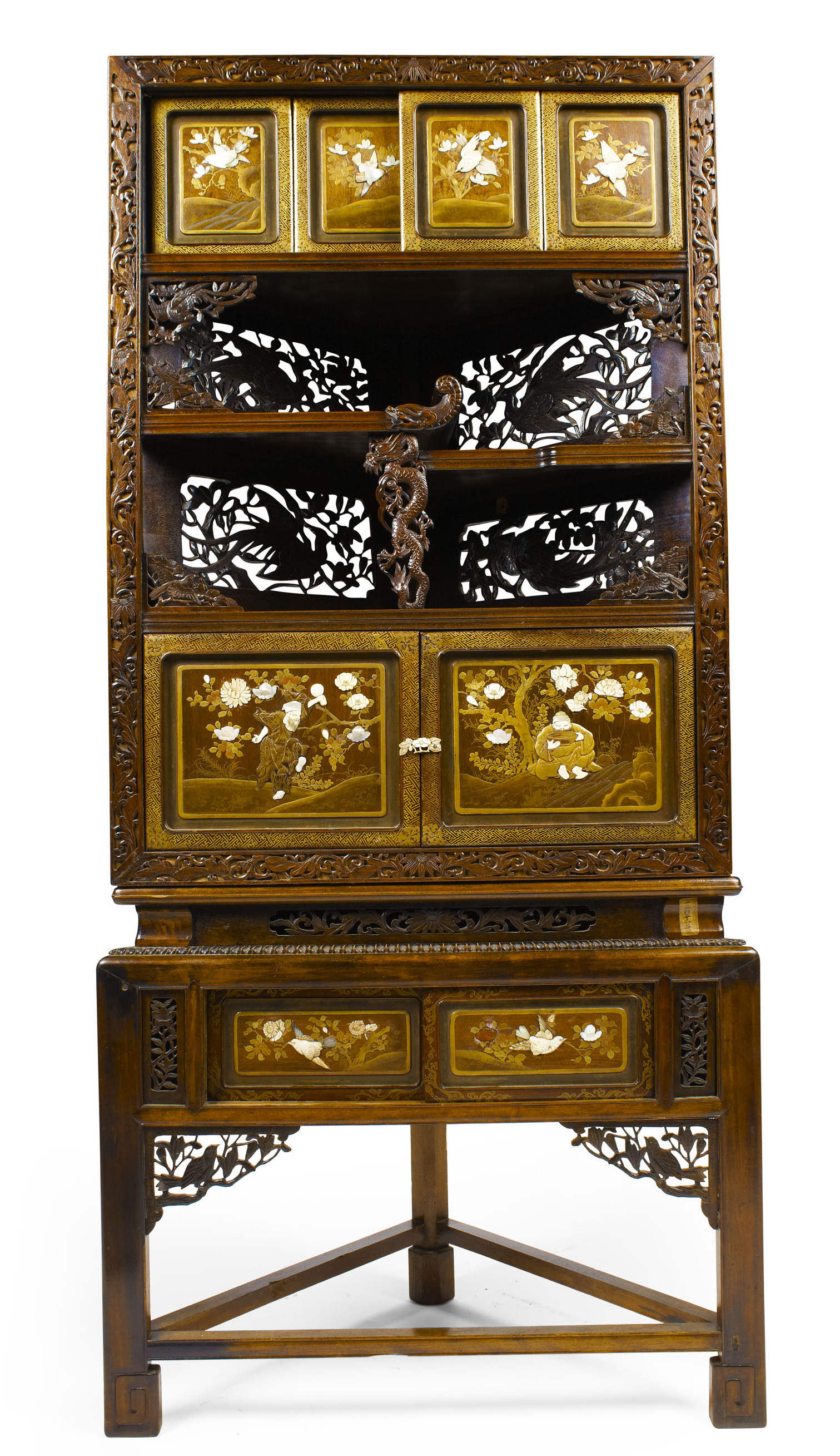 FINE JAPANESE HARDWOOD AND LACQUER CORNER DISPLAY CABINET