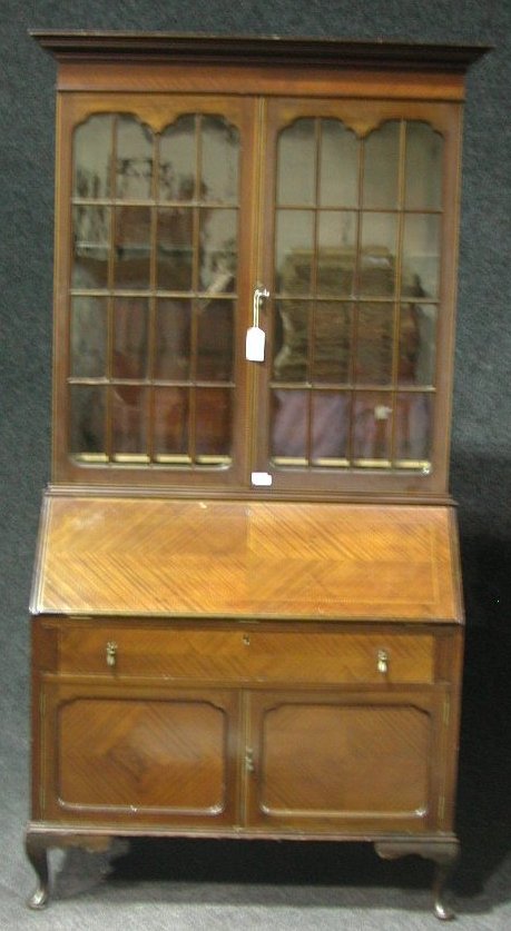 A mahogany and chequer inlaid bureau bookcase,