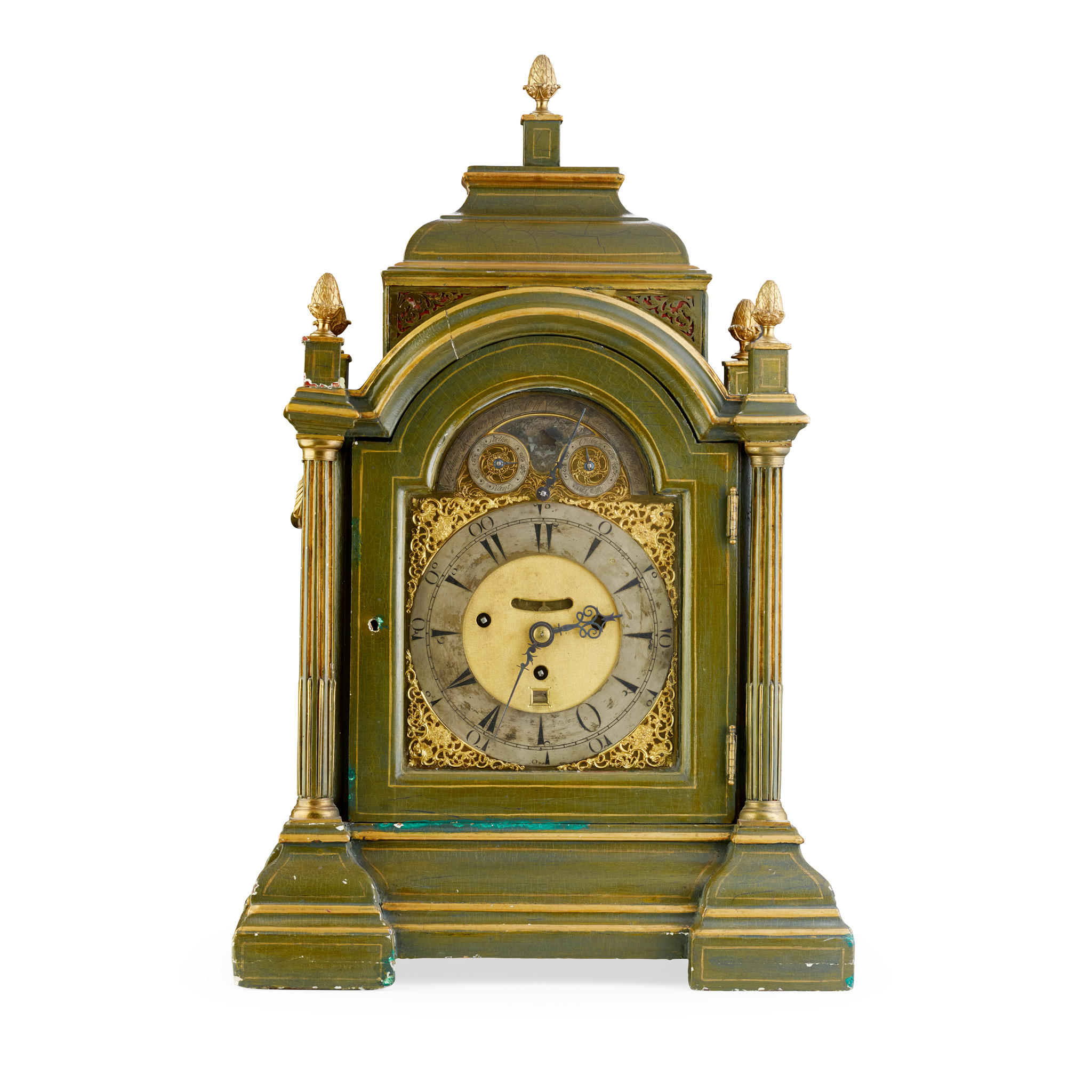 A GEORGE III GREEN LACQUERED STRIKING BRACKET CLOCK, BY HENTON BROWN, LONDON, FOR THE OTTOMAN MARKET