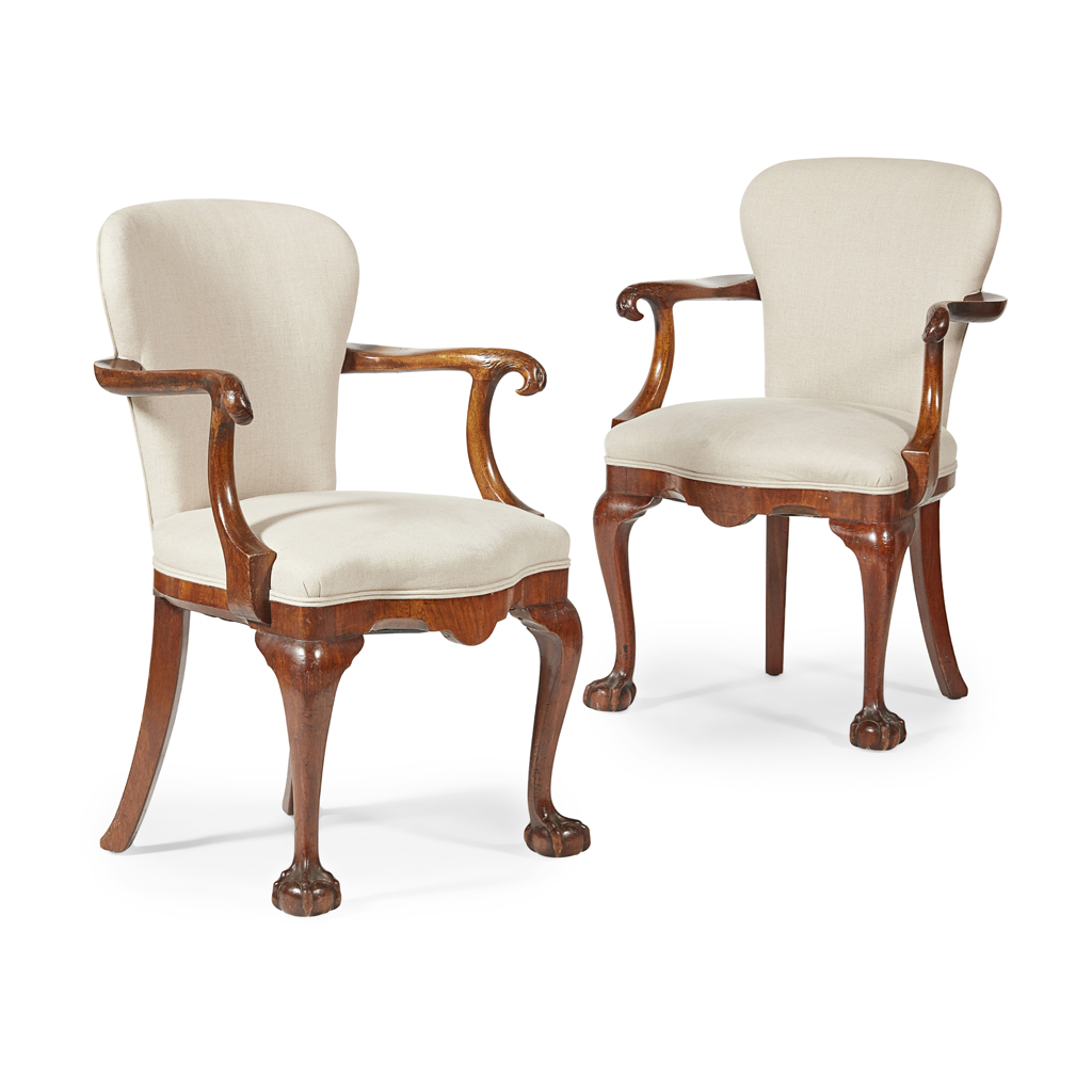 PAIR OF GEORGIAN REVIVAL WALNUT ARMCHAIRS