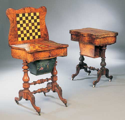 A Victorian burr walnut veneered games and work table