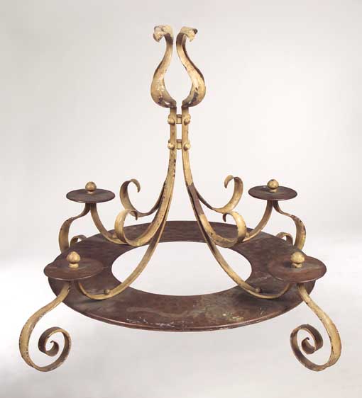 A set of eight Arts and Crafts copper and wrought iron ceiling lights,
