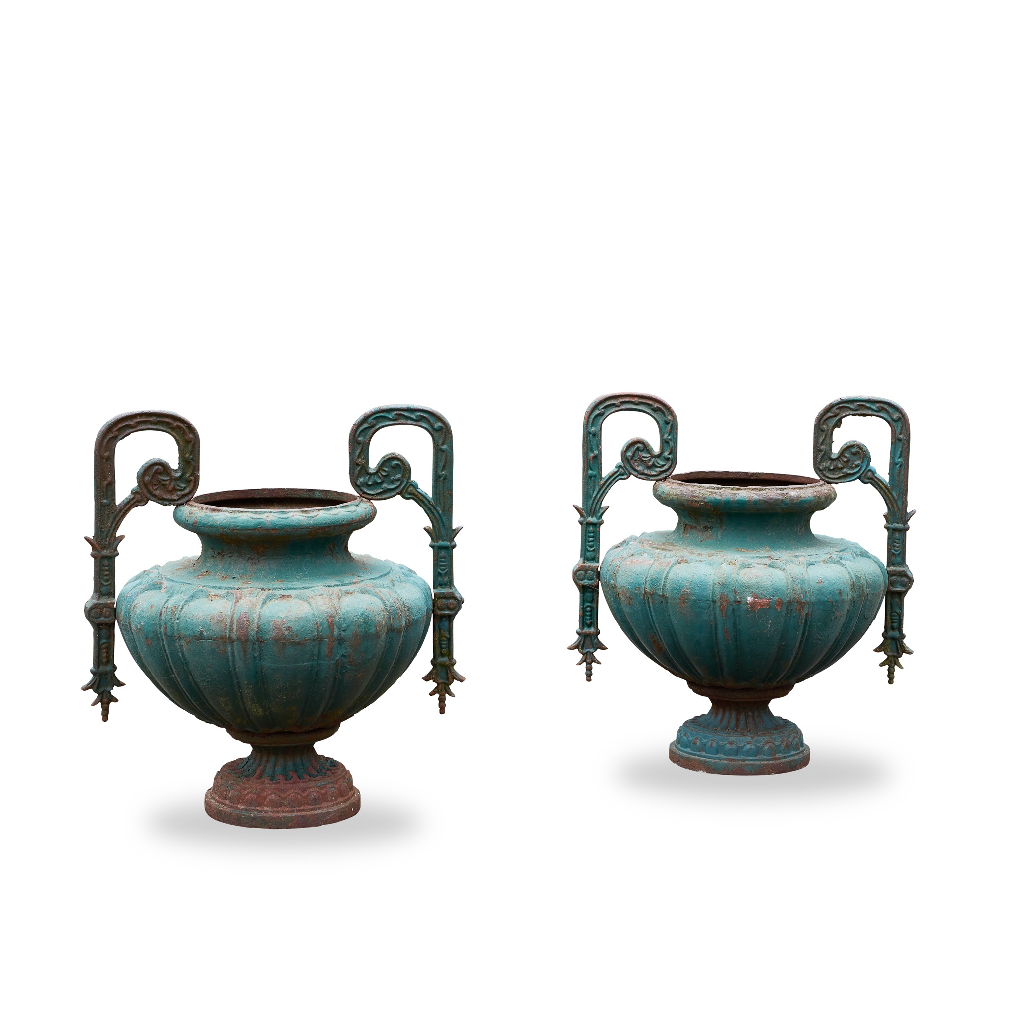 PAIR OF FRENCH GREEN PAINTED CAST IRON URNS
