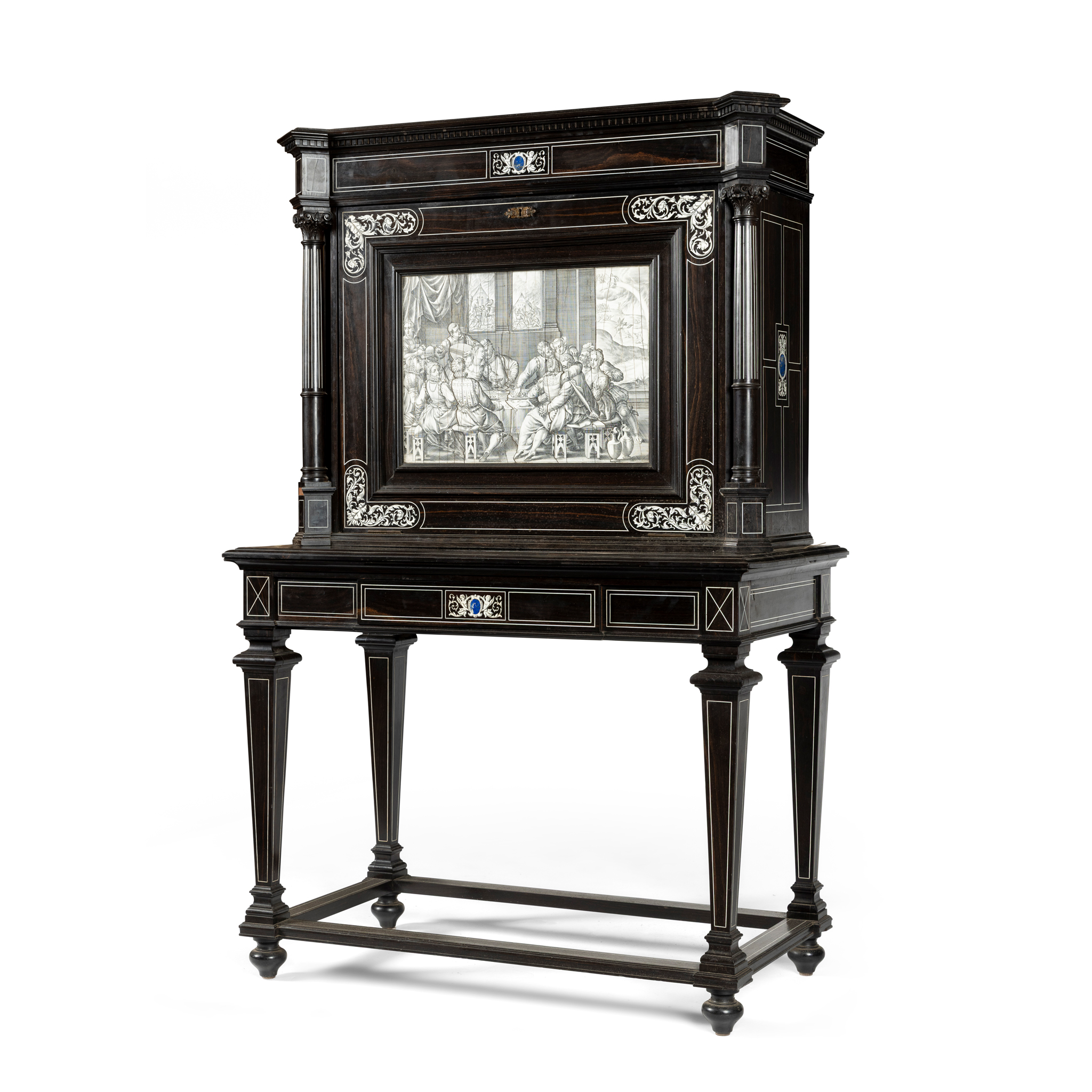 AN ITALIAN EBONISED AND INLAID CABINET ON STAND