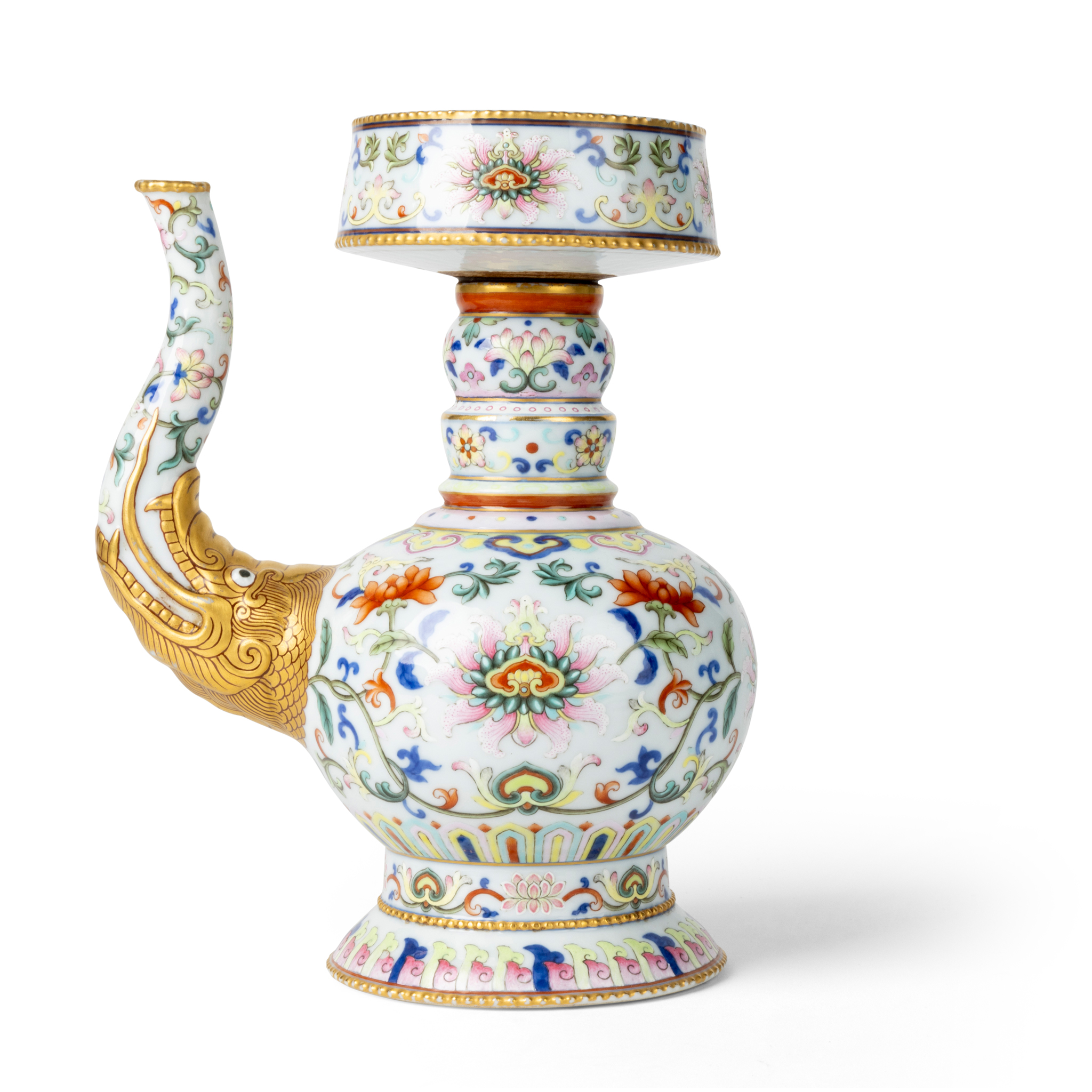 CHINESE FAMILLE ROSE AND UNDERGLAZE BLUE TIBETAN-STYLE EWER, PENBA HU