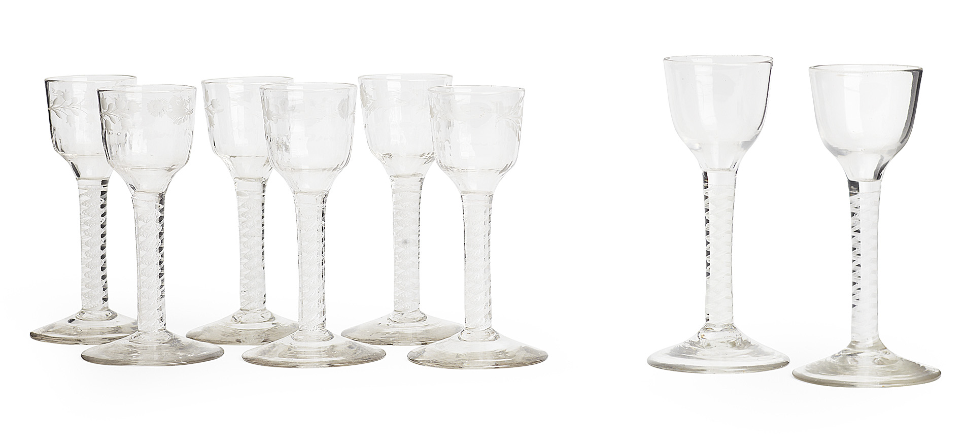 SIX OPAQUE TWIST STEM ENGRAVED GLASSES