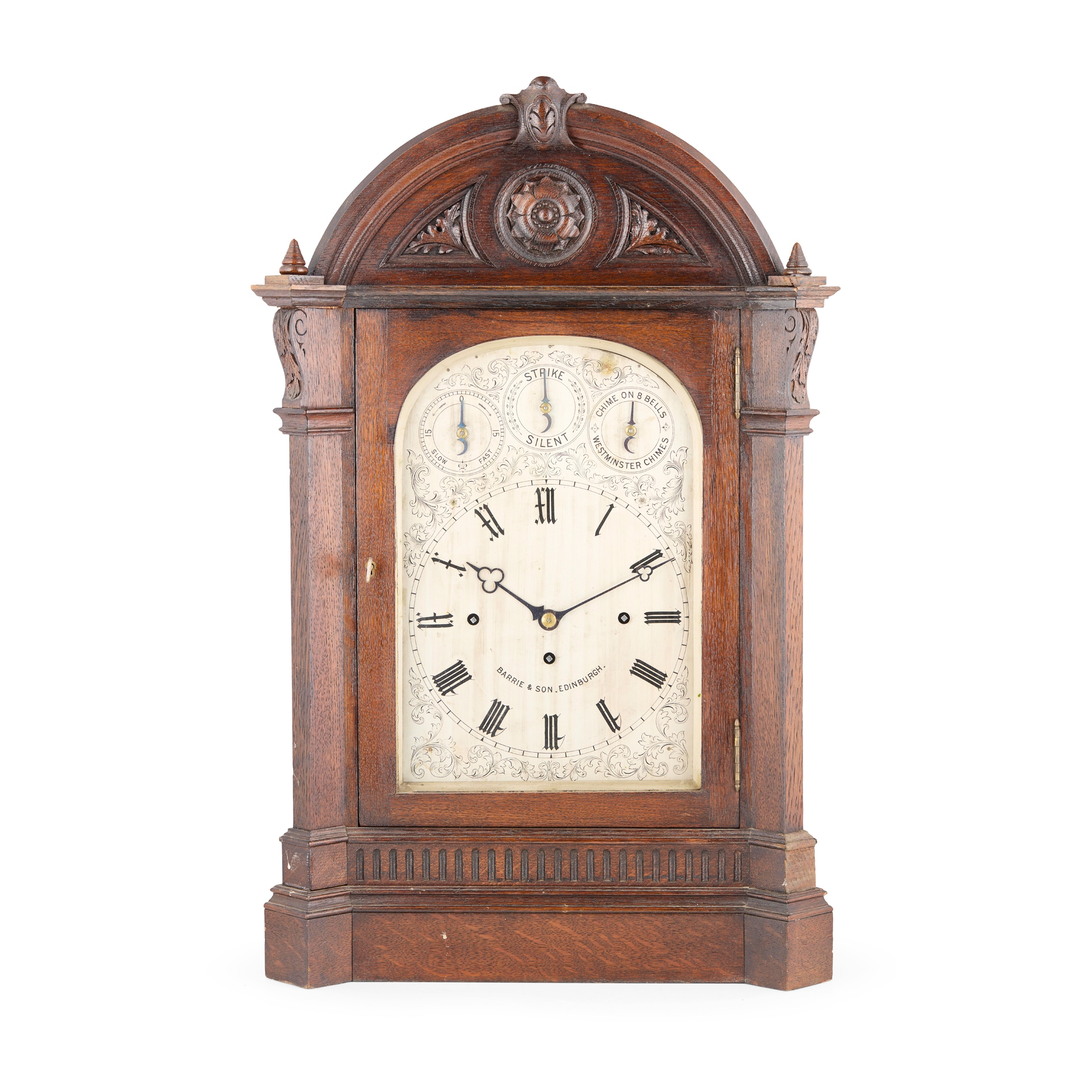SCOTTISH VICTORIAN CARVED OAK QUARTER CHIMING TABLE CLOCK, BY BARRIE & SON, EDINBURGH