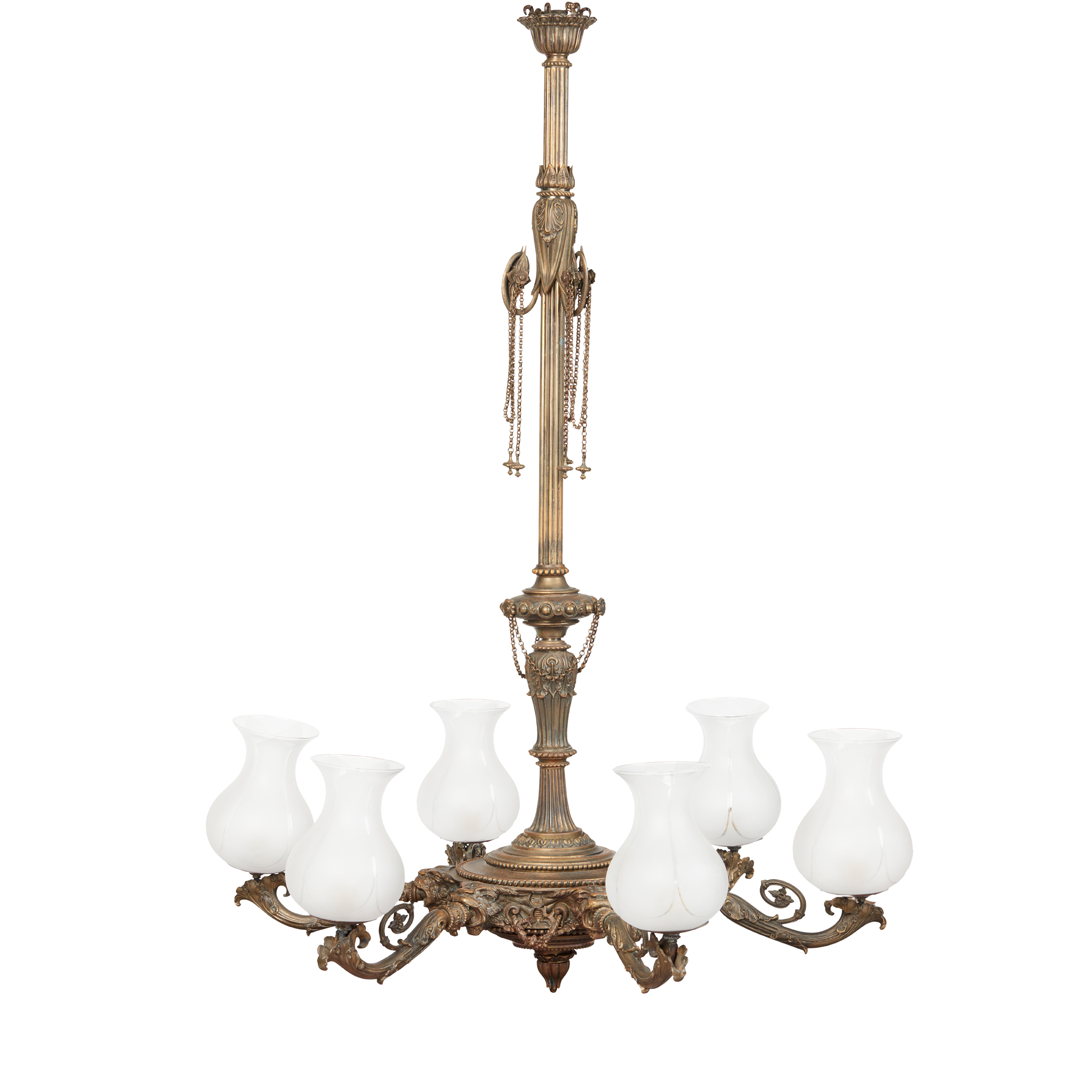 EARLY VICTORIAN BRASS SIX LIGHT GASOLIER