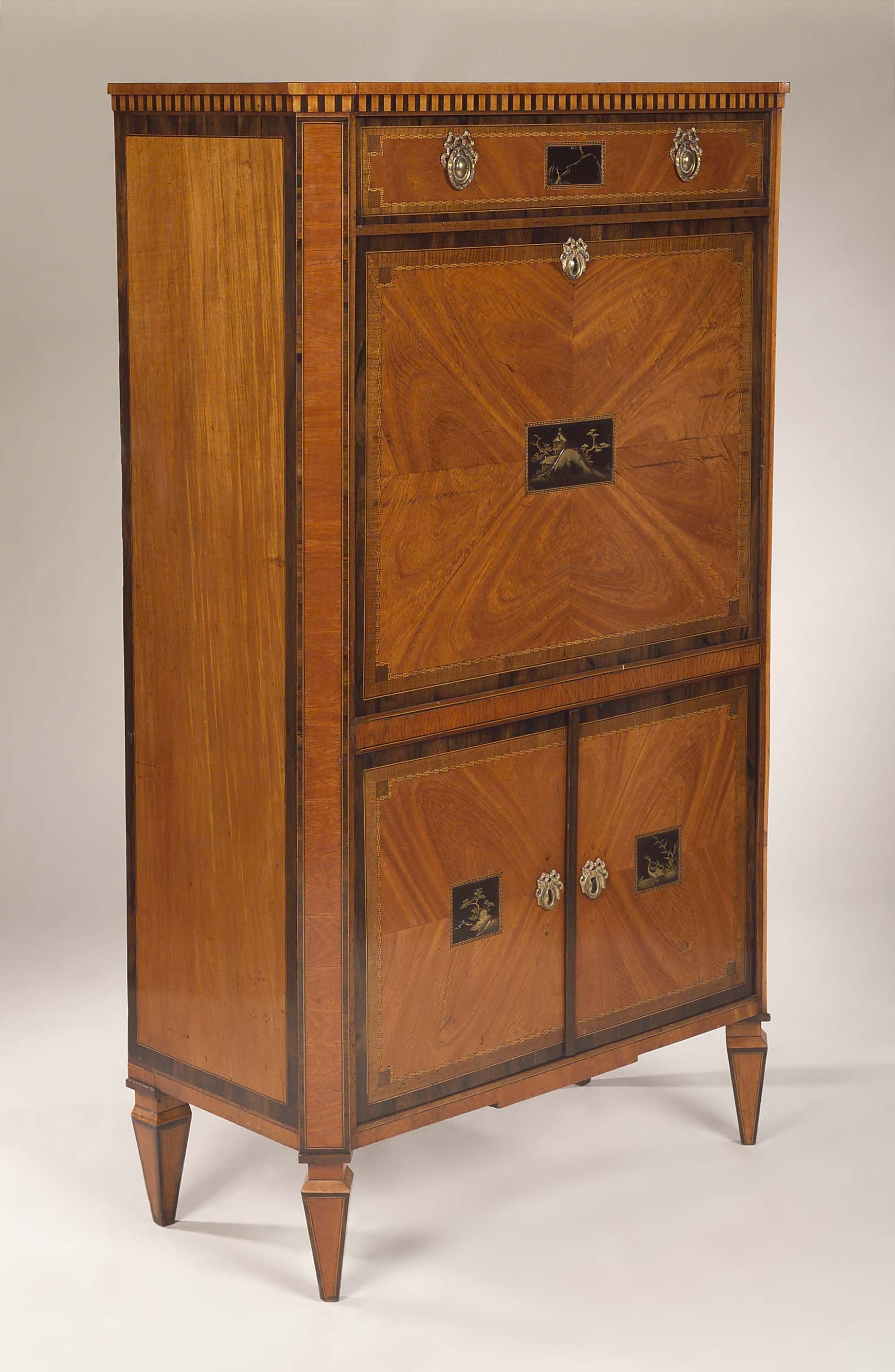 A Dutch 18th century satinwood and specimen wood bureau abatant,